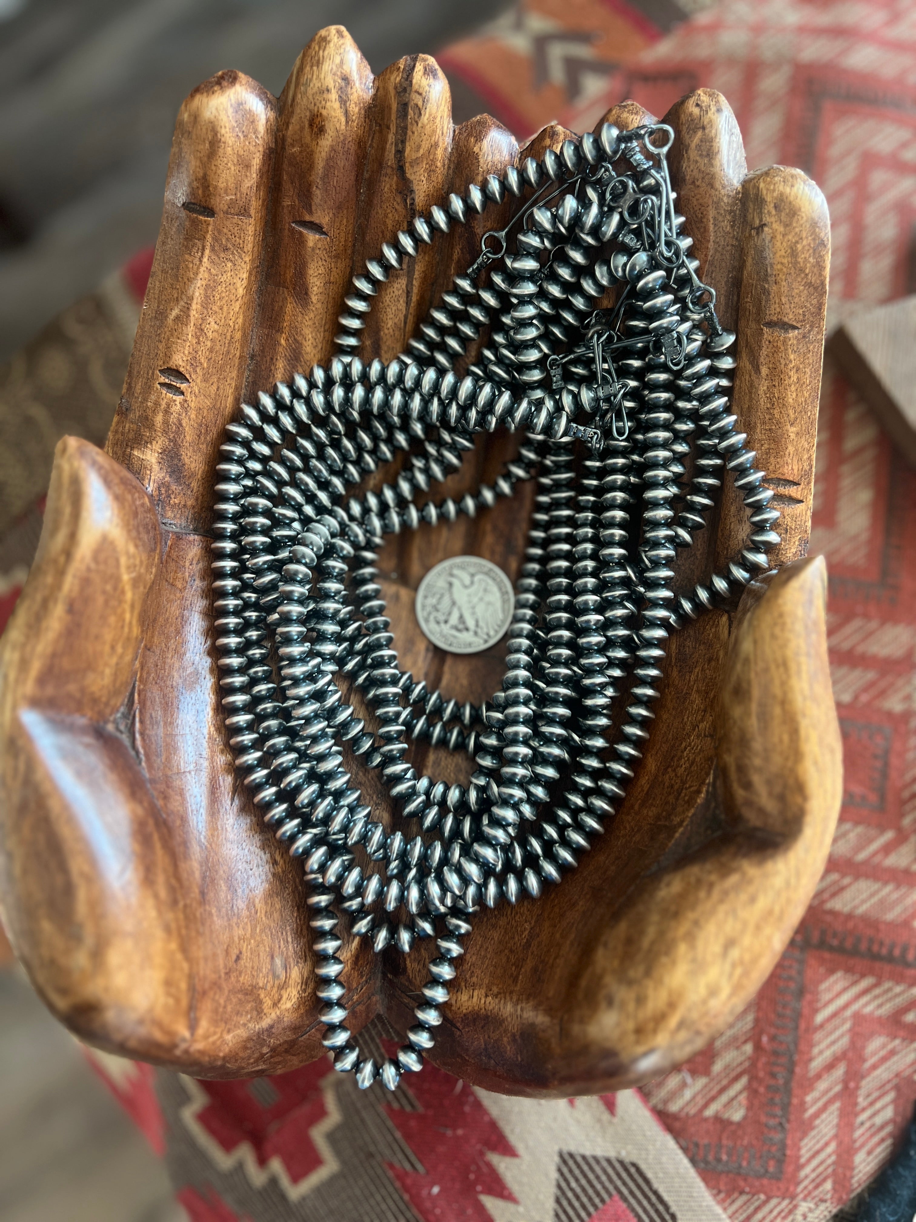 Vinita Cowboy Handmade 8mm Sterling Silver Navajo Saucer Pearl Beaded Necklaces