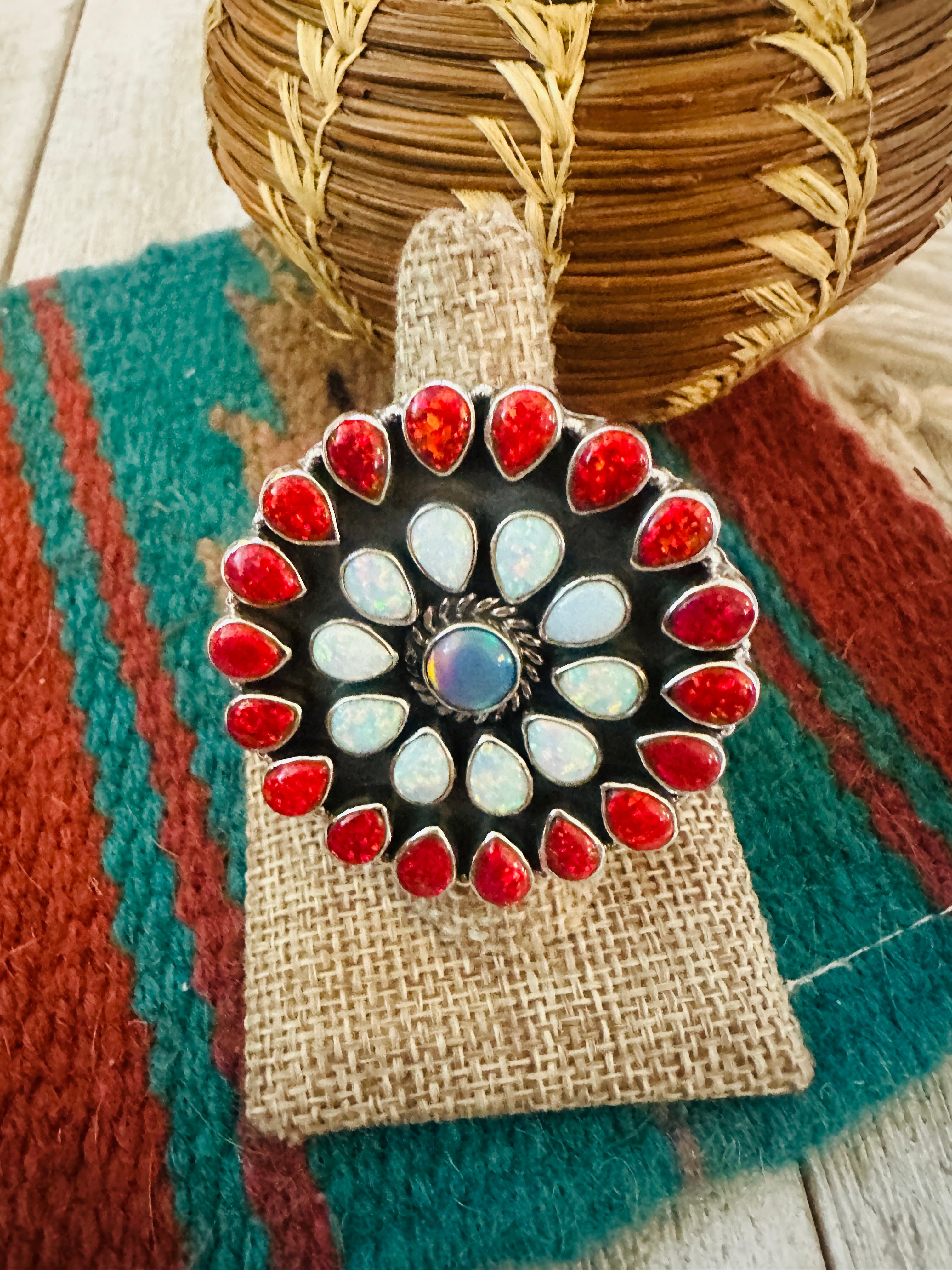 ** Christmas Collection ** Handmade Sterling Silver, Coral & Opal Adjustable Ring Signed Nizhoni