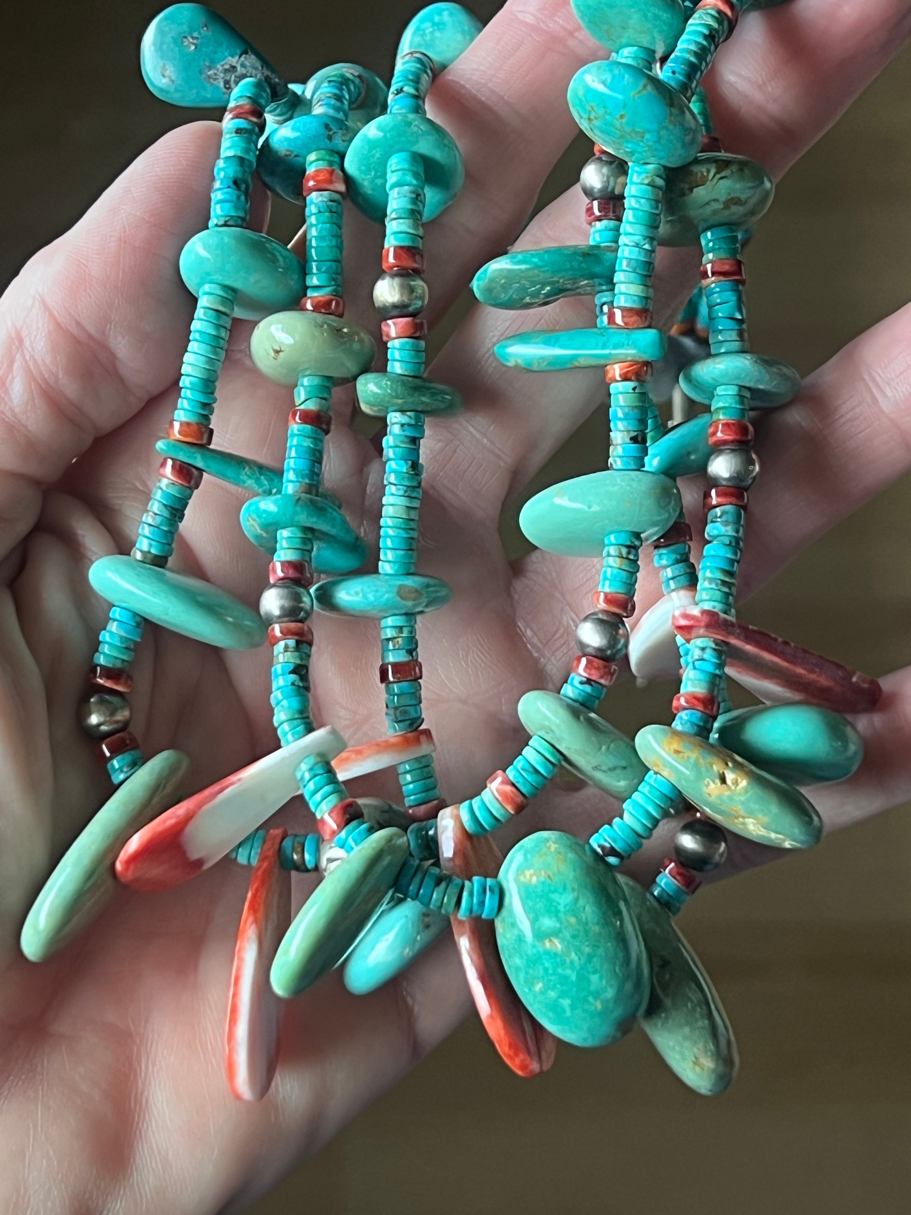 Gorgeous Handcrafted Triple Strand Sterling Silver, Turquoise and Spiny Oyster Beaded Tab Necklace by Daniel Coriz
