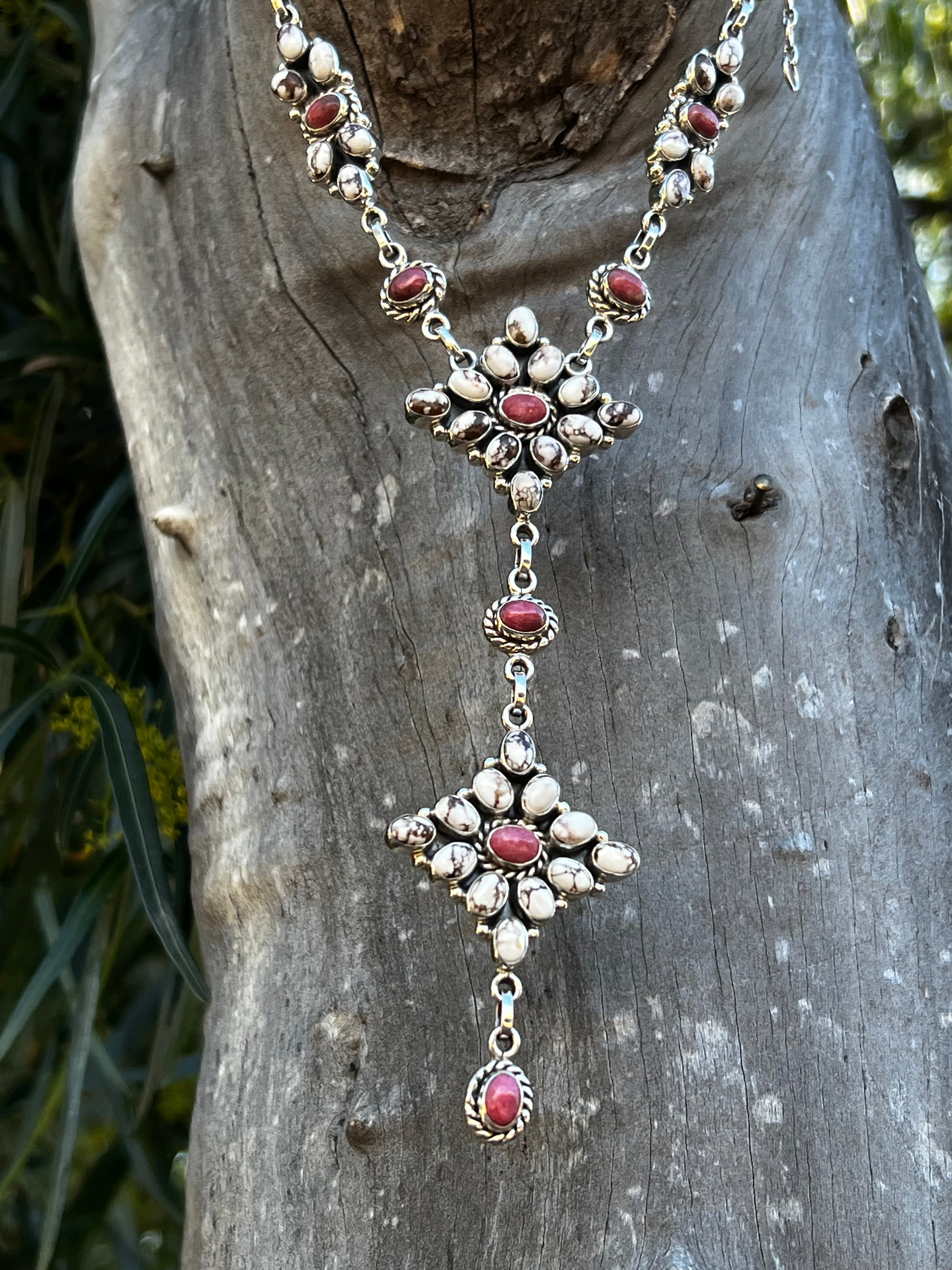 Handmade Wild Horse & Coral Stone Sterling Silver Lariat Necklace