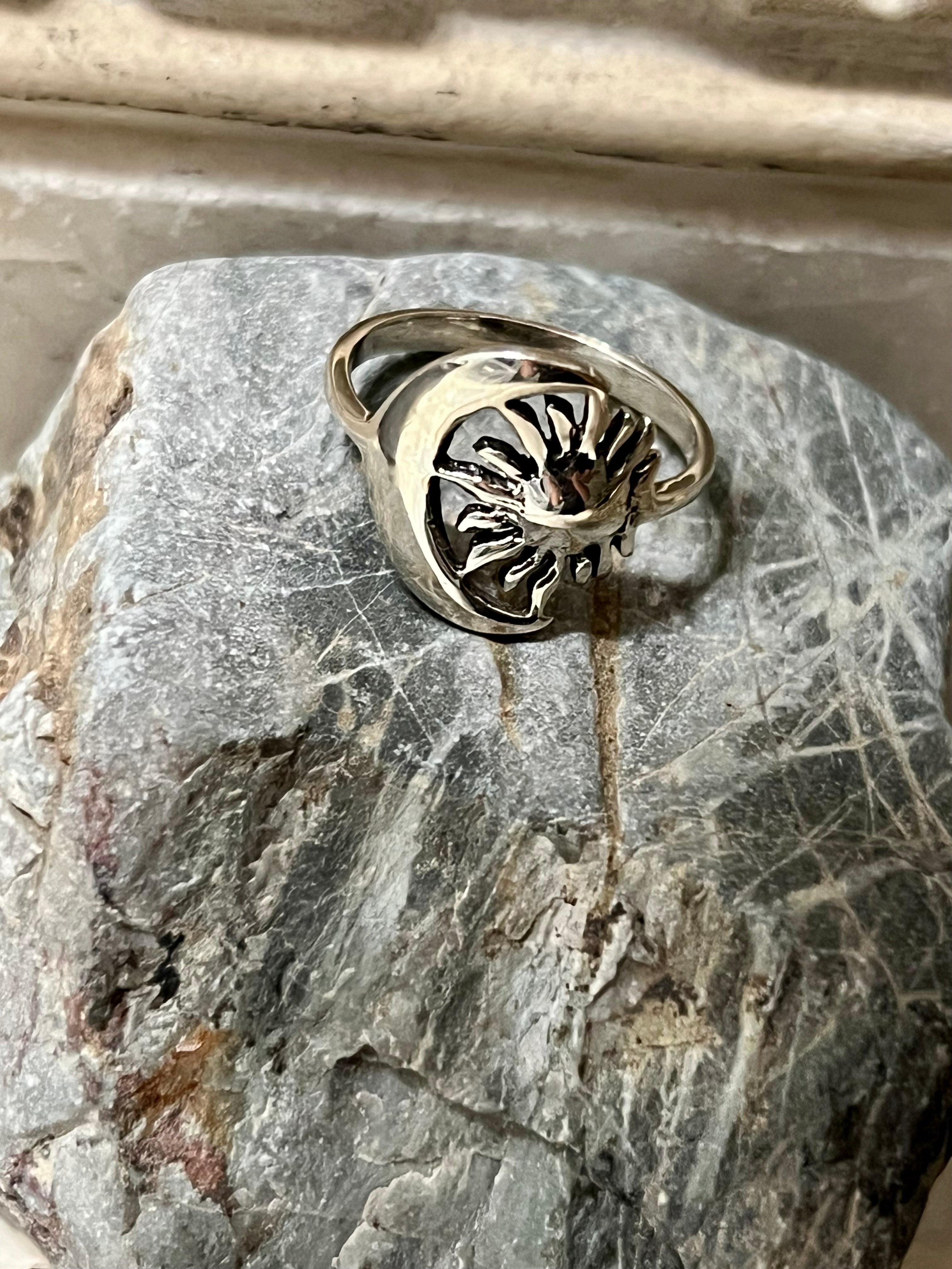 Sun and Crescent Moon Sterling Silver Ring