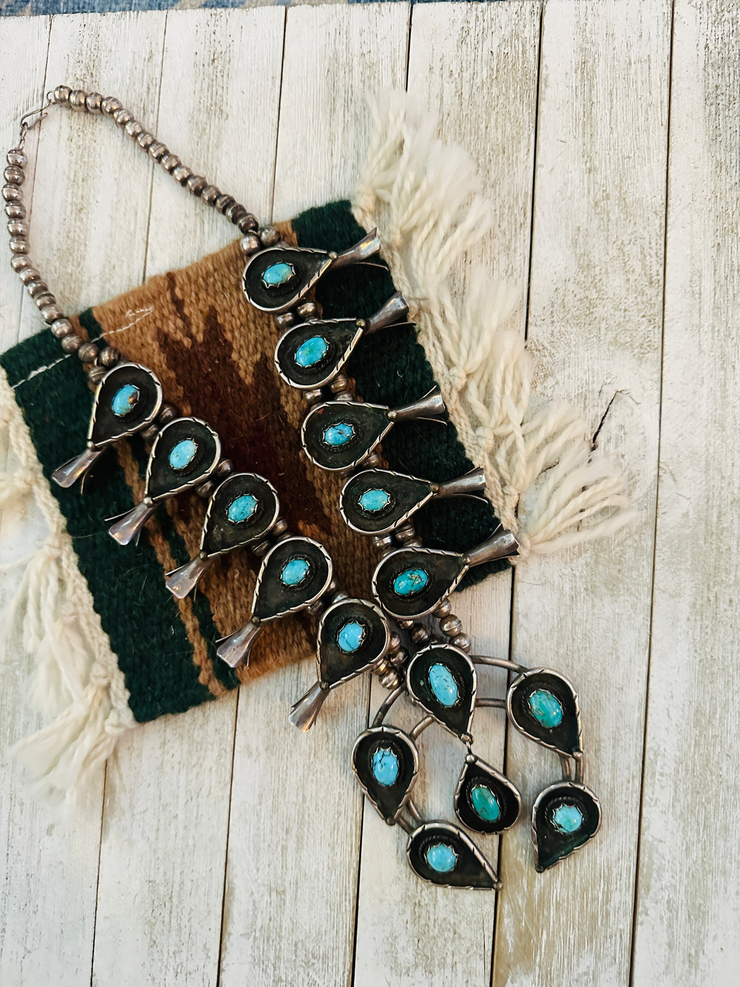 Vintage Old Pawn Turquoise & Sterling Silver Beaded Squash Blossom Necklace