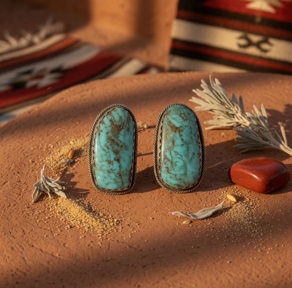Handcrafted Turquoise & Sterling Silver Post Earrings Signed