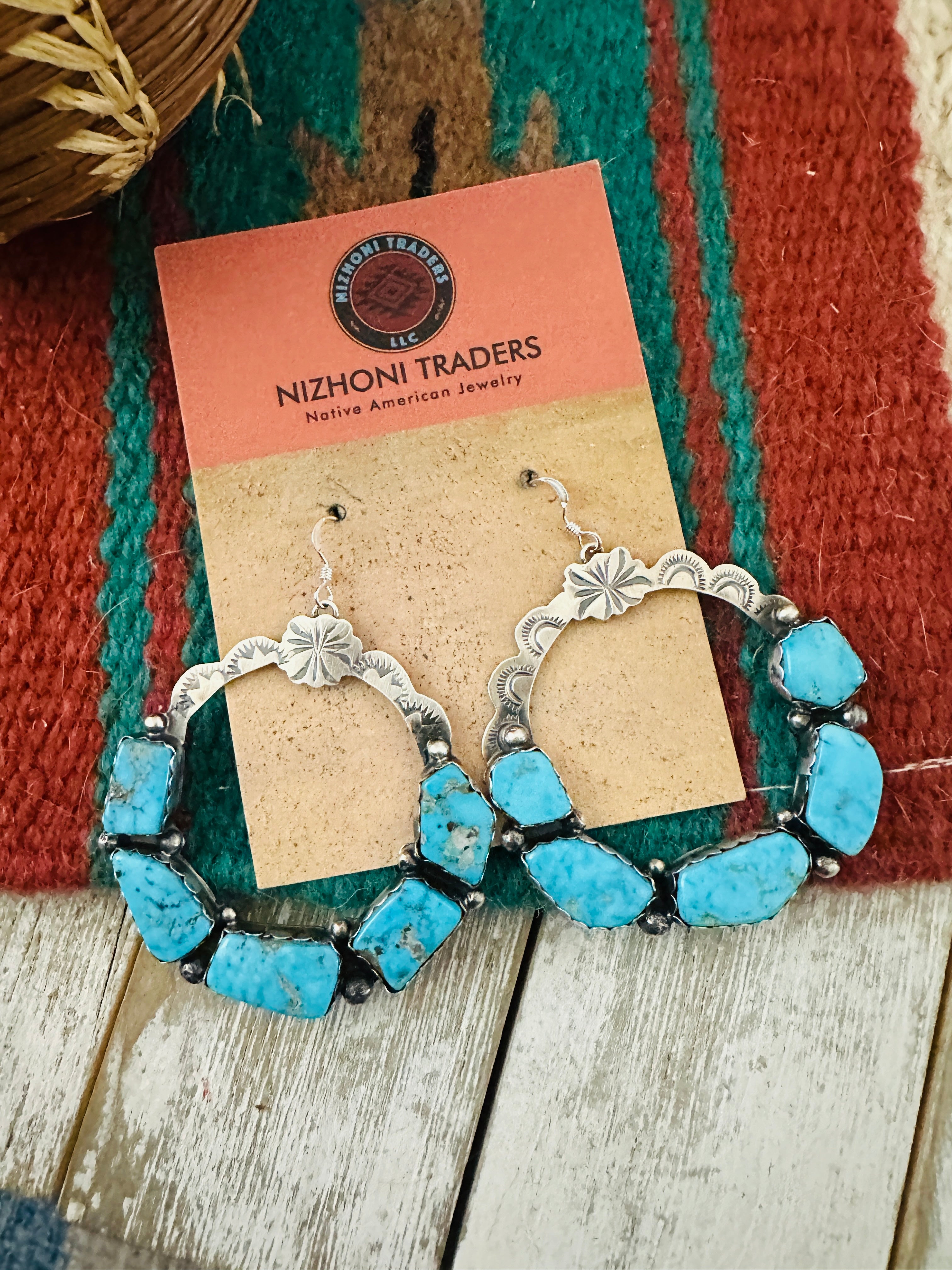 Handcrafted Turquoise & Sterling Silver Dangle Hoop Earrings