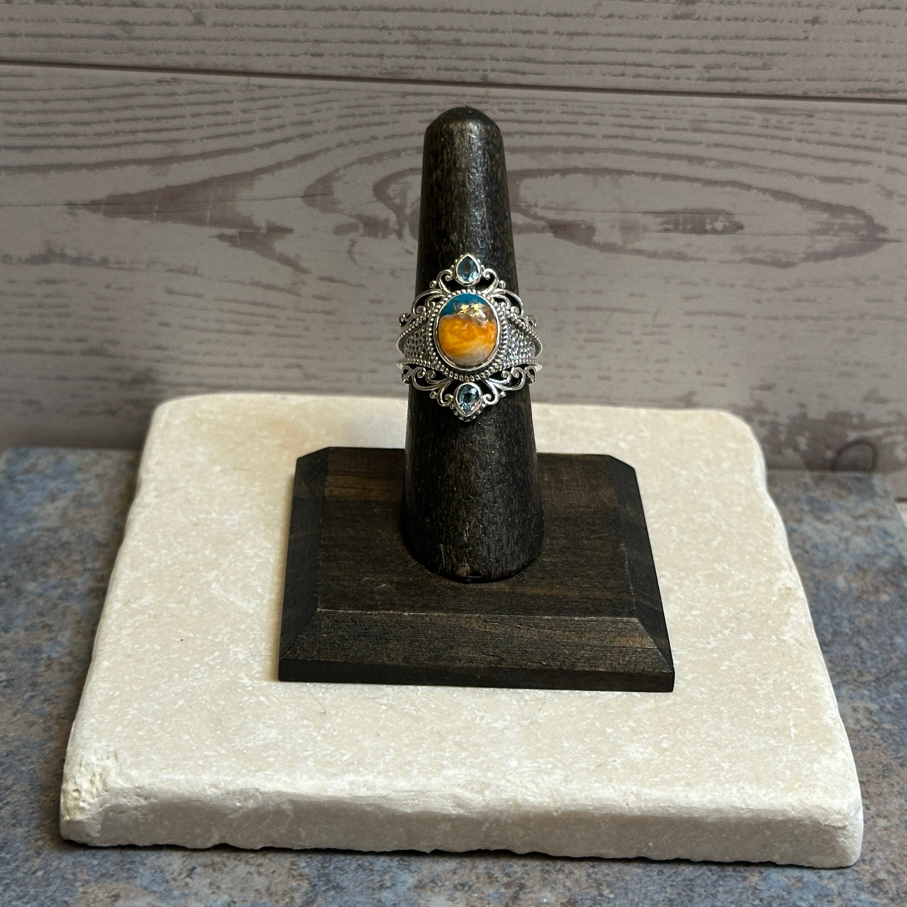 Sterling Silver Orange Spiny Turquoise & Swiss Blue Topaz Ring Size 7