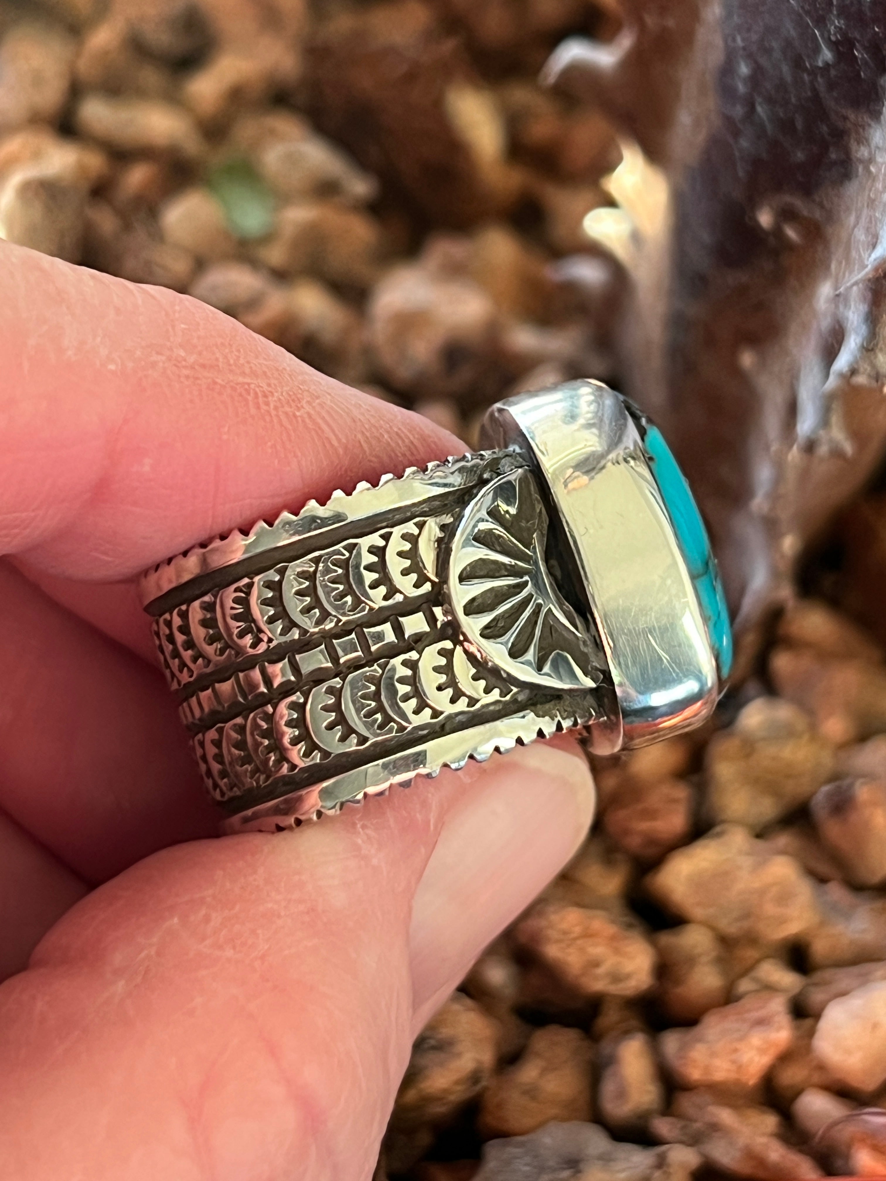 Handcrafted Sterling Silver Wide Shank Ring with Egyptian Turquoise by Shaun Rogers, Size 8.25