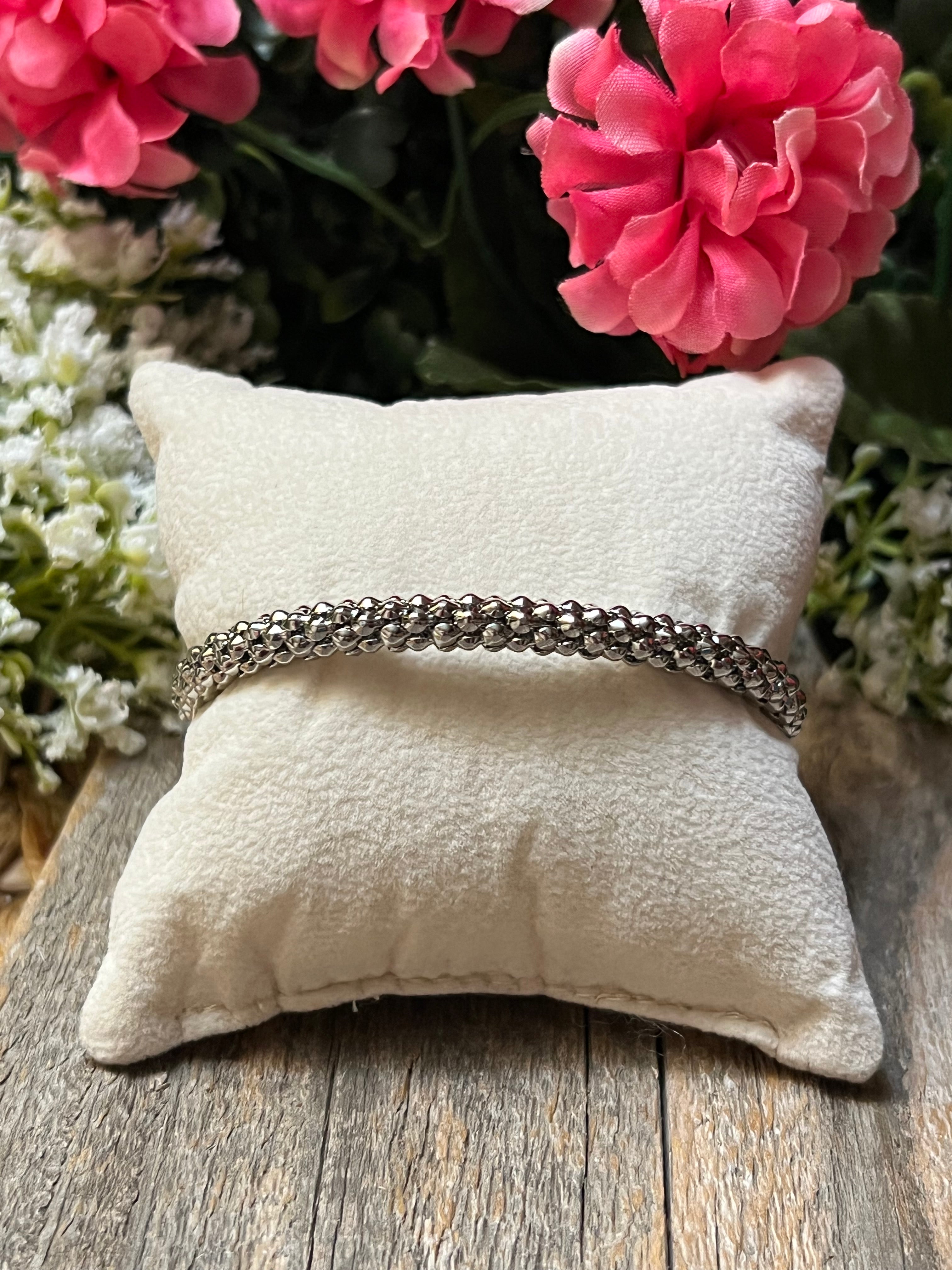 Silver & 14k Gold Plated Two Tone Popcorn Rectangle Shaped CZ Bangle Bracelet