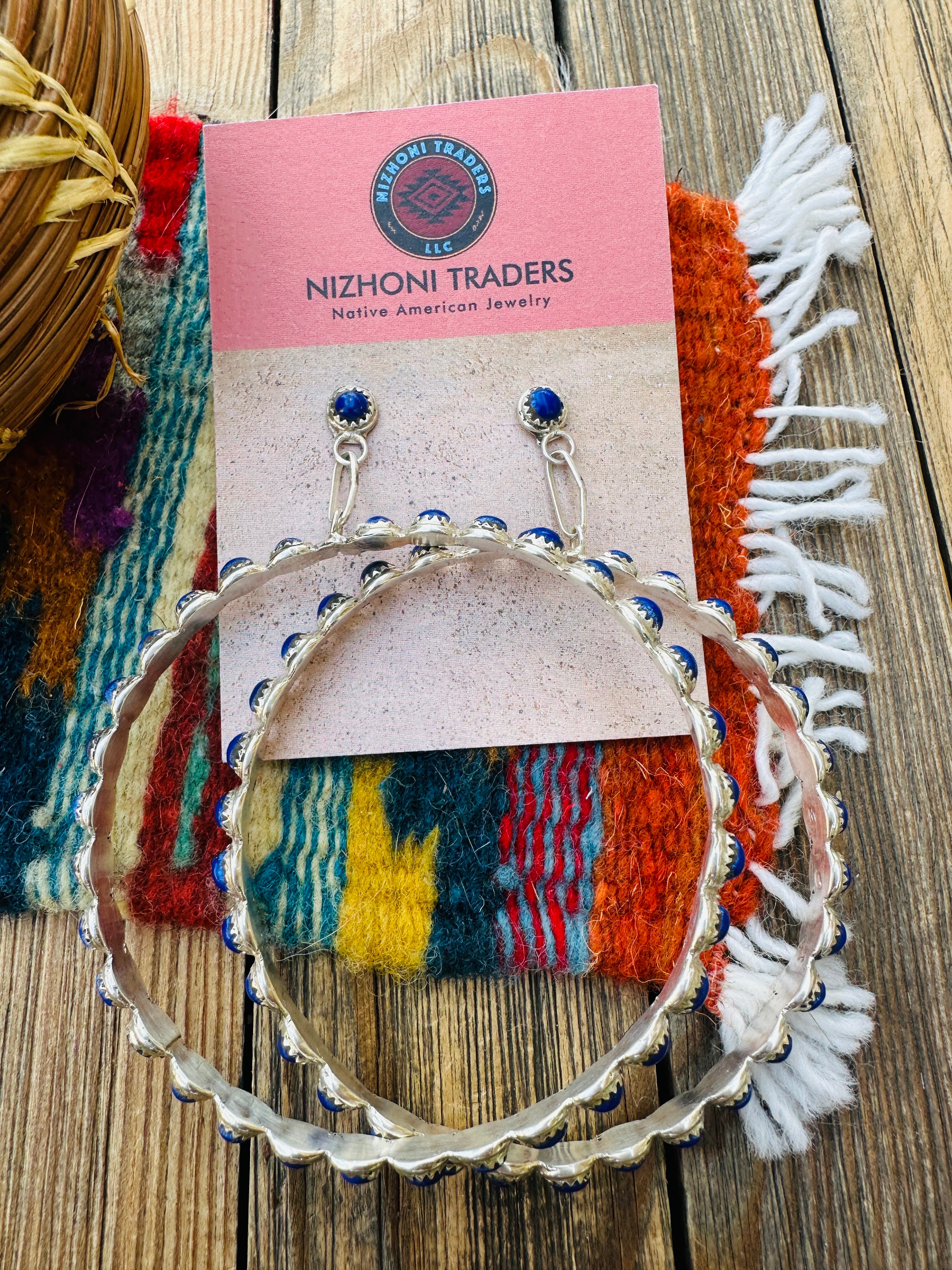 Handcrafted Lapis & Sterling Silver Dangle Hoop Earrings