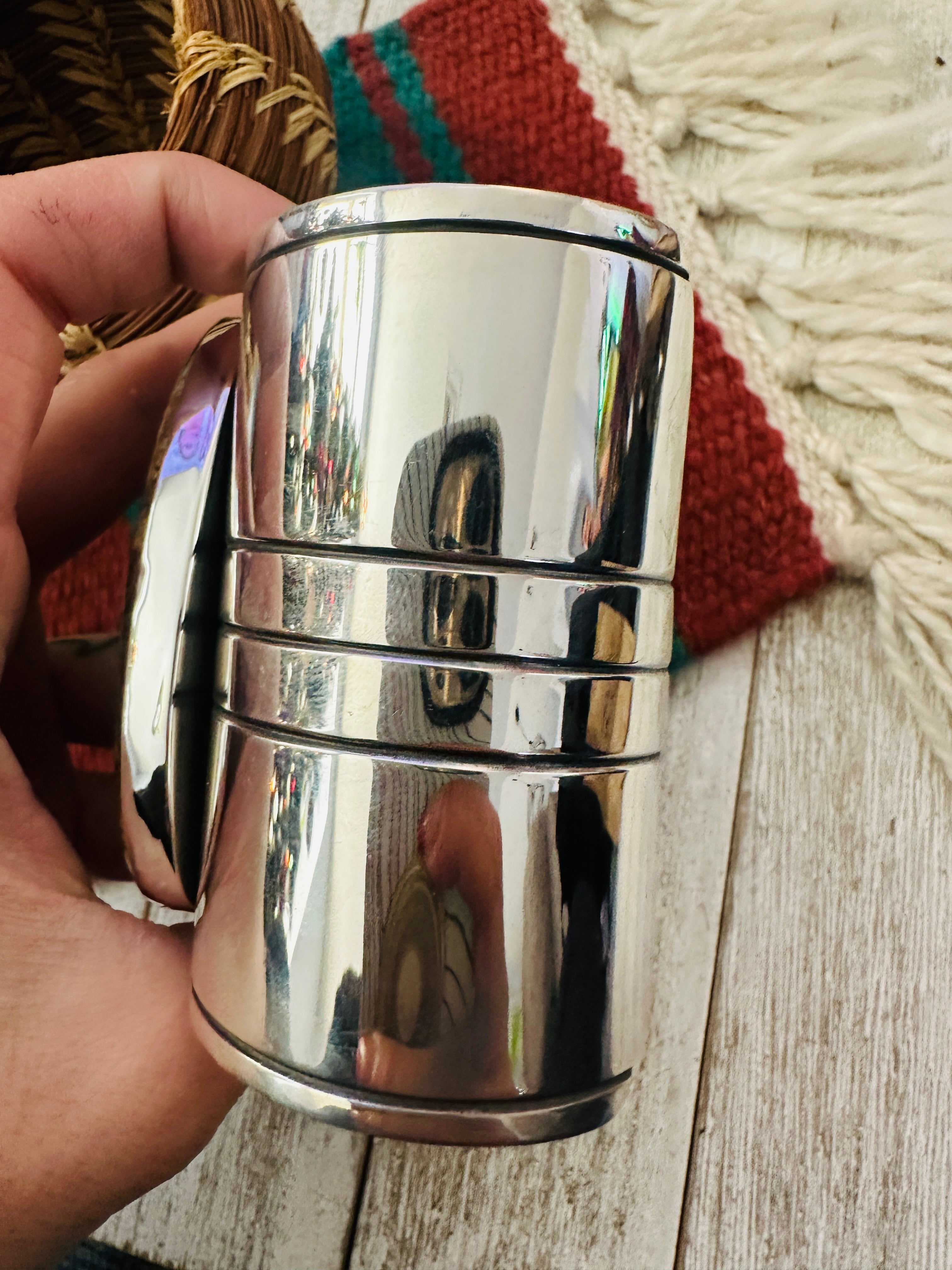 Handcrafted Sterling Silver & Ribbon Turquoise Cuff Bracelet by Ed Smith