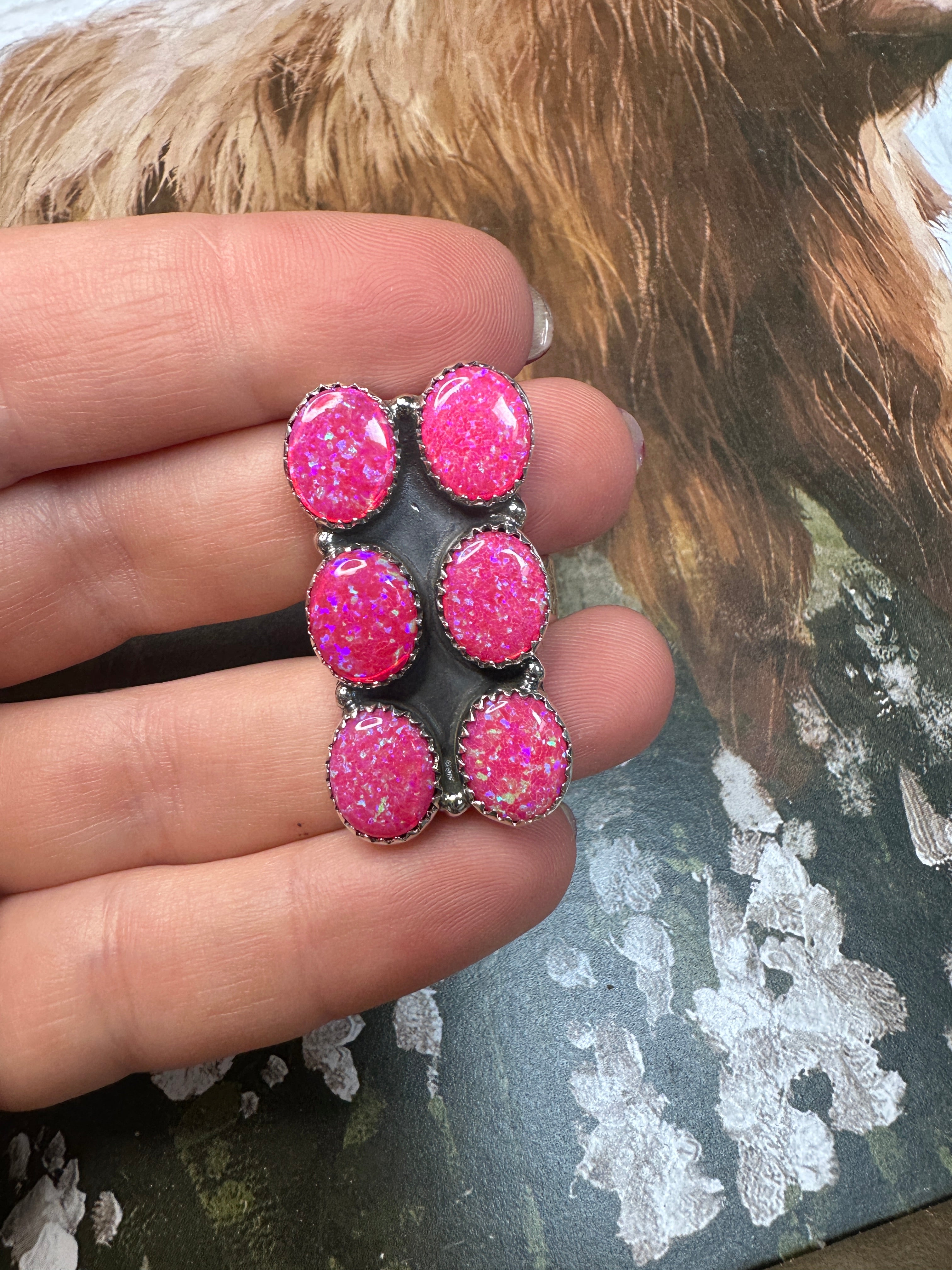 Handmade Pink Fire Opal And Sterling Silver Adjustable 6 Stone Ring