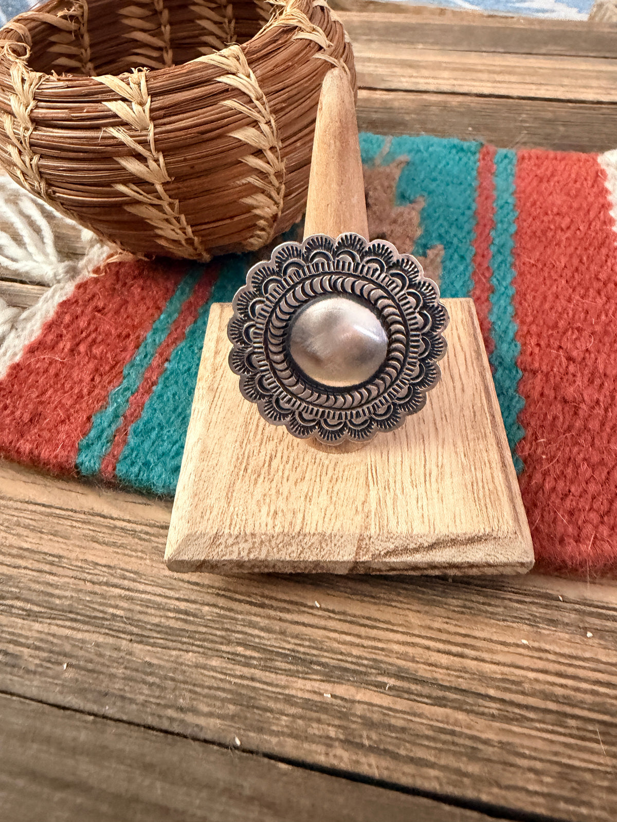 Handcrafted Sterling Silver Adjustable Concho Ring by Leander Tahe