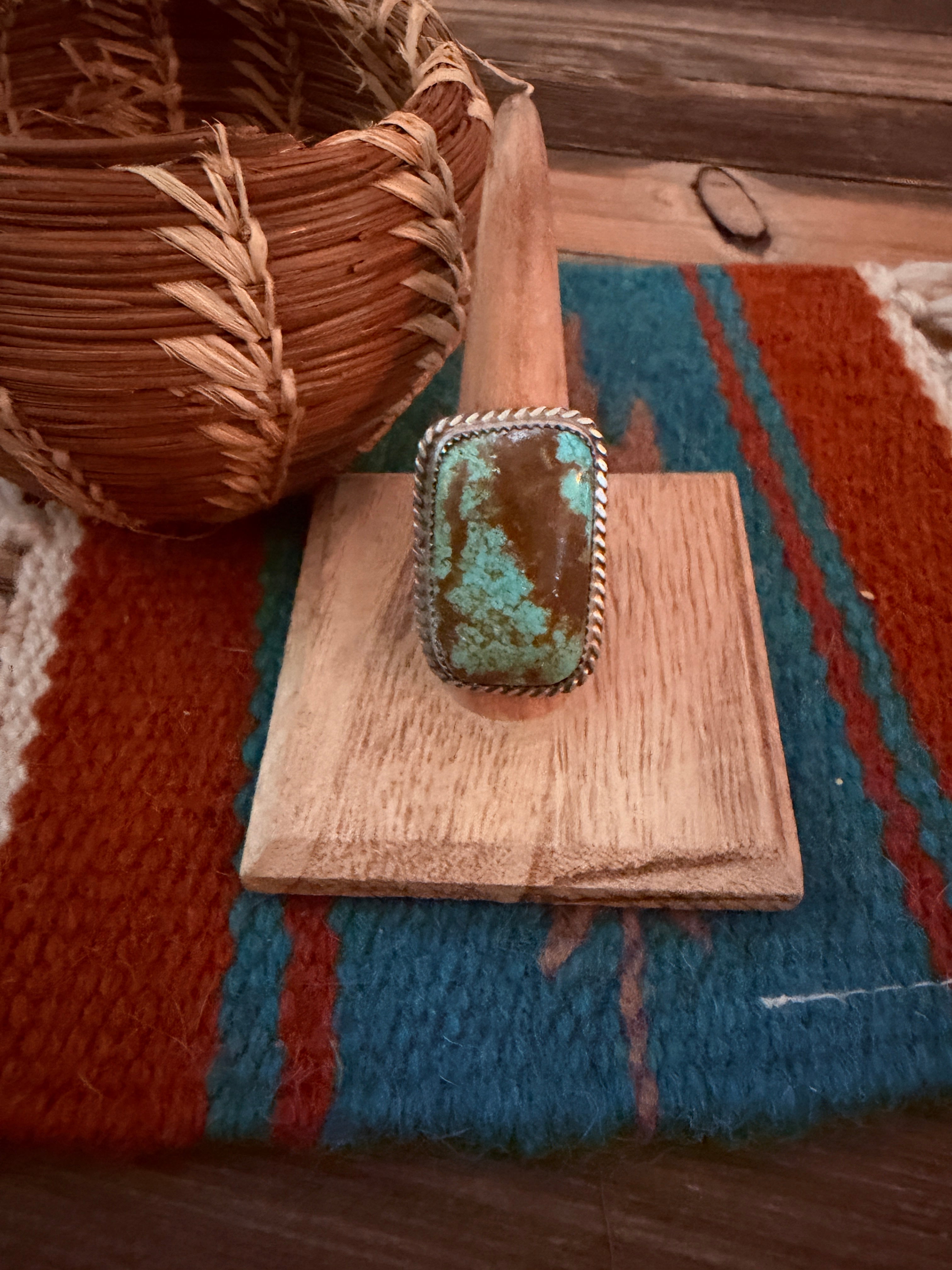 Handcrafted Royston Turquoise & Sterling Silver Ring Size 8.25 by Leslie Nez