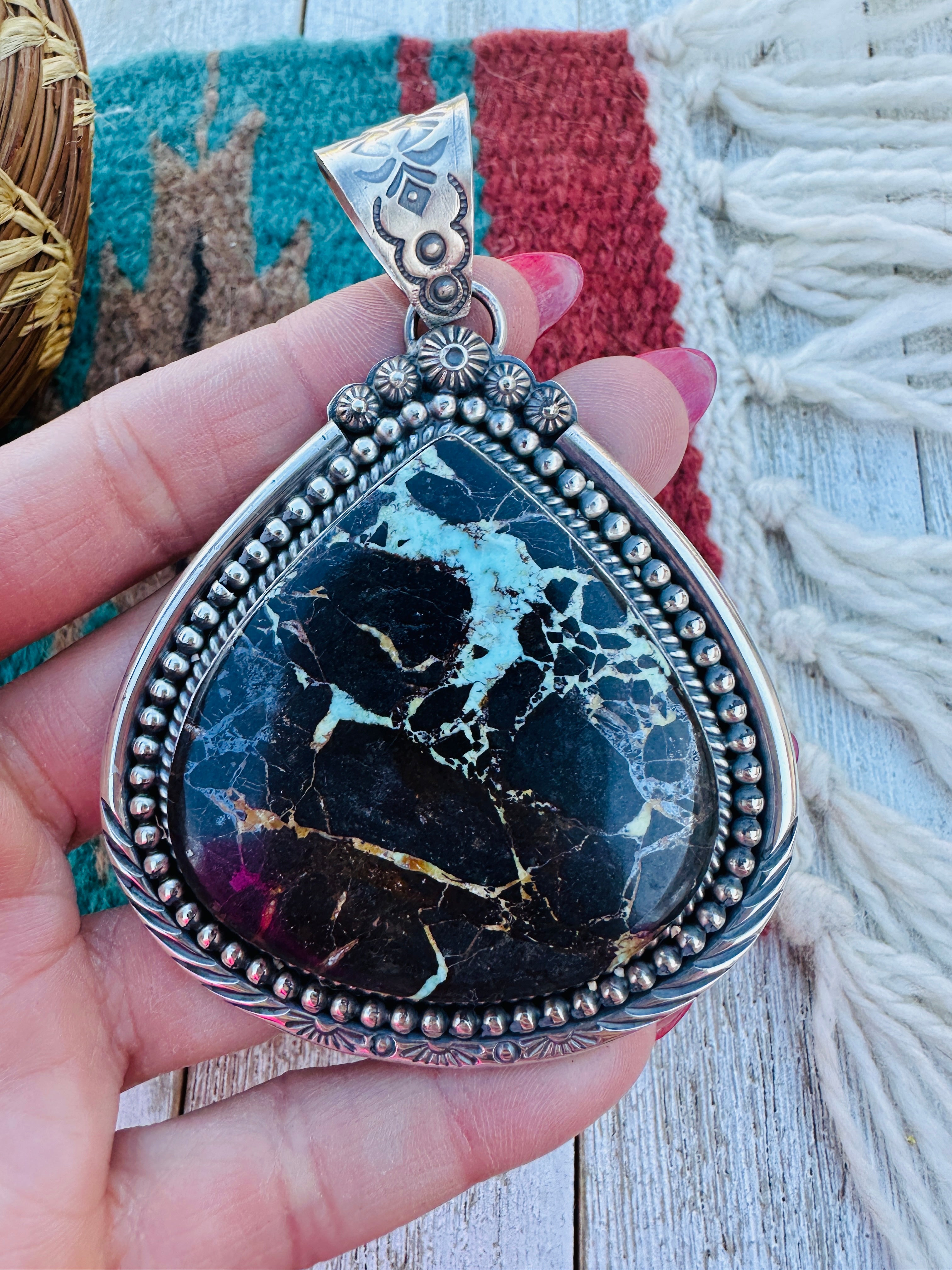Handcrafted Sterling Silver & Blackjack Turquoise Pendant