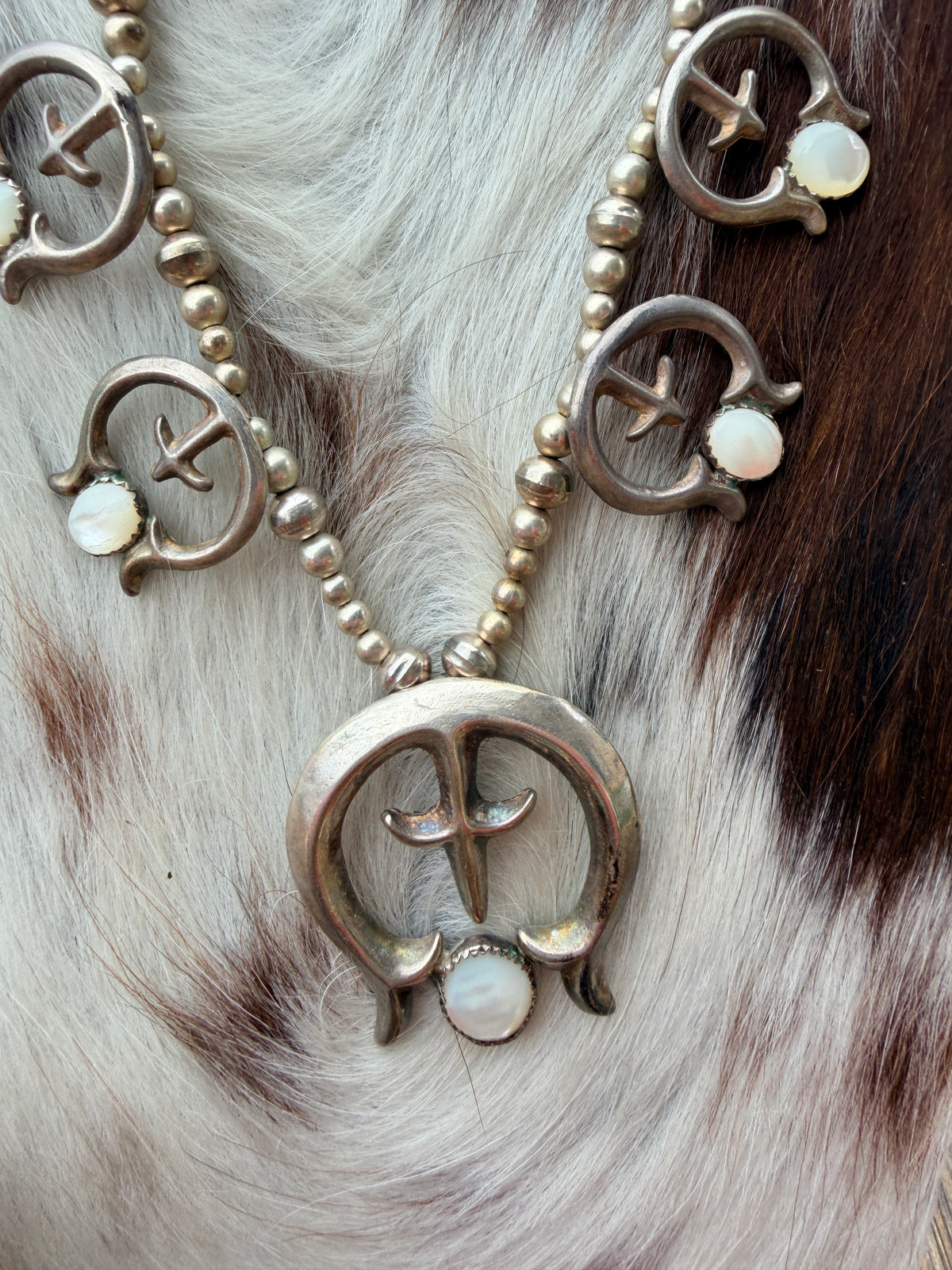 Old Pawn Handcrafted Mother of Pearl & Sterling Silver Beaded Naja Necklace