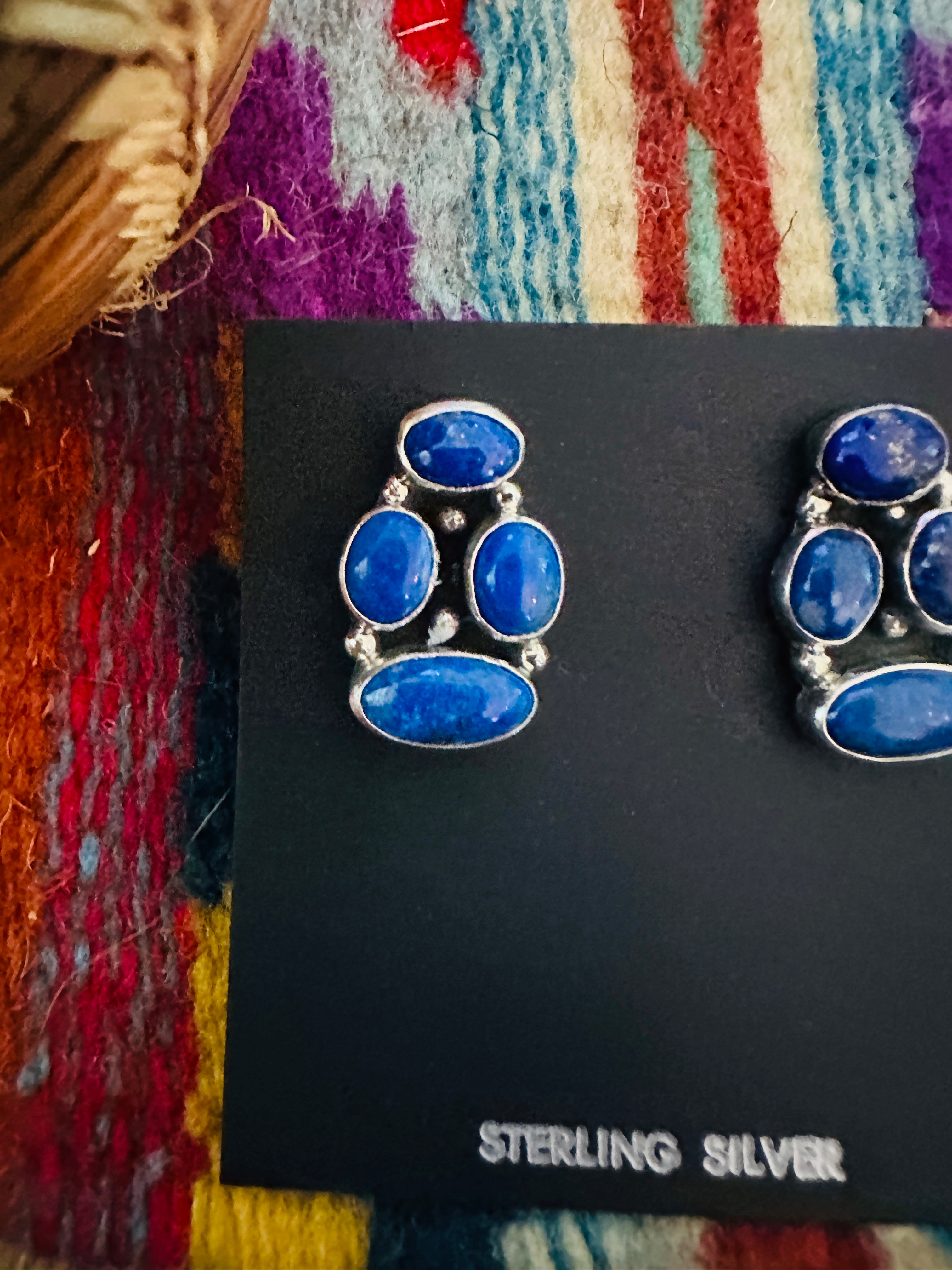 Handcrafted Lapis & Sterling Silver Cluster Post Earrings