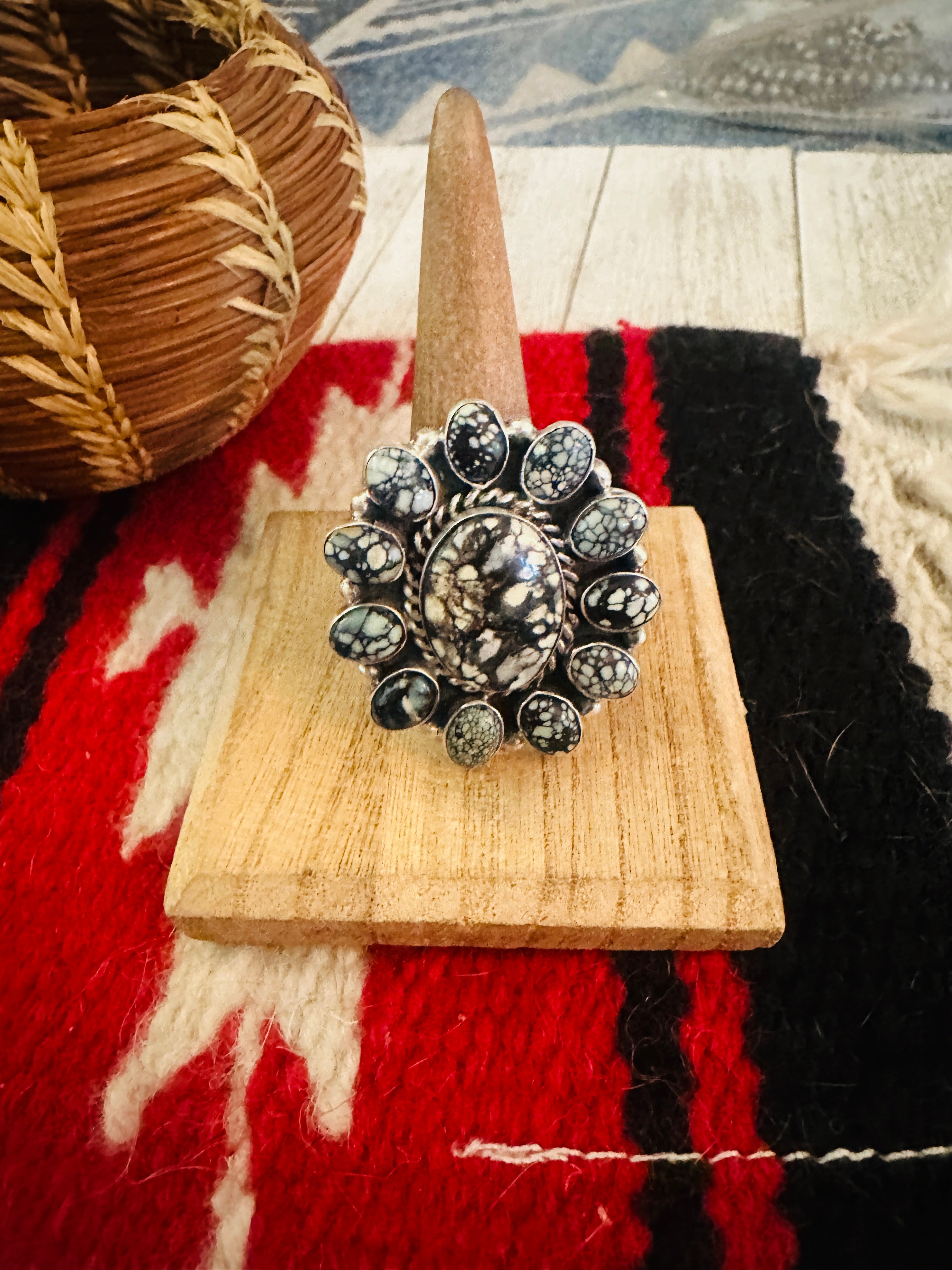 Handcrafted Sterling Silver & Tibetan Turquoise Cluster Adjustable Ring