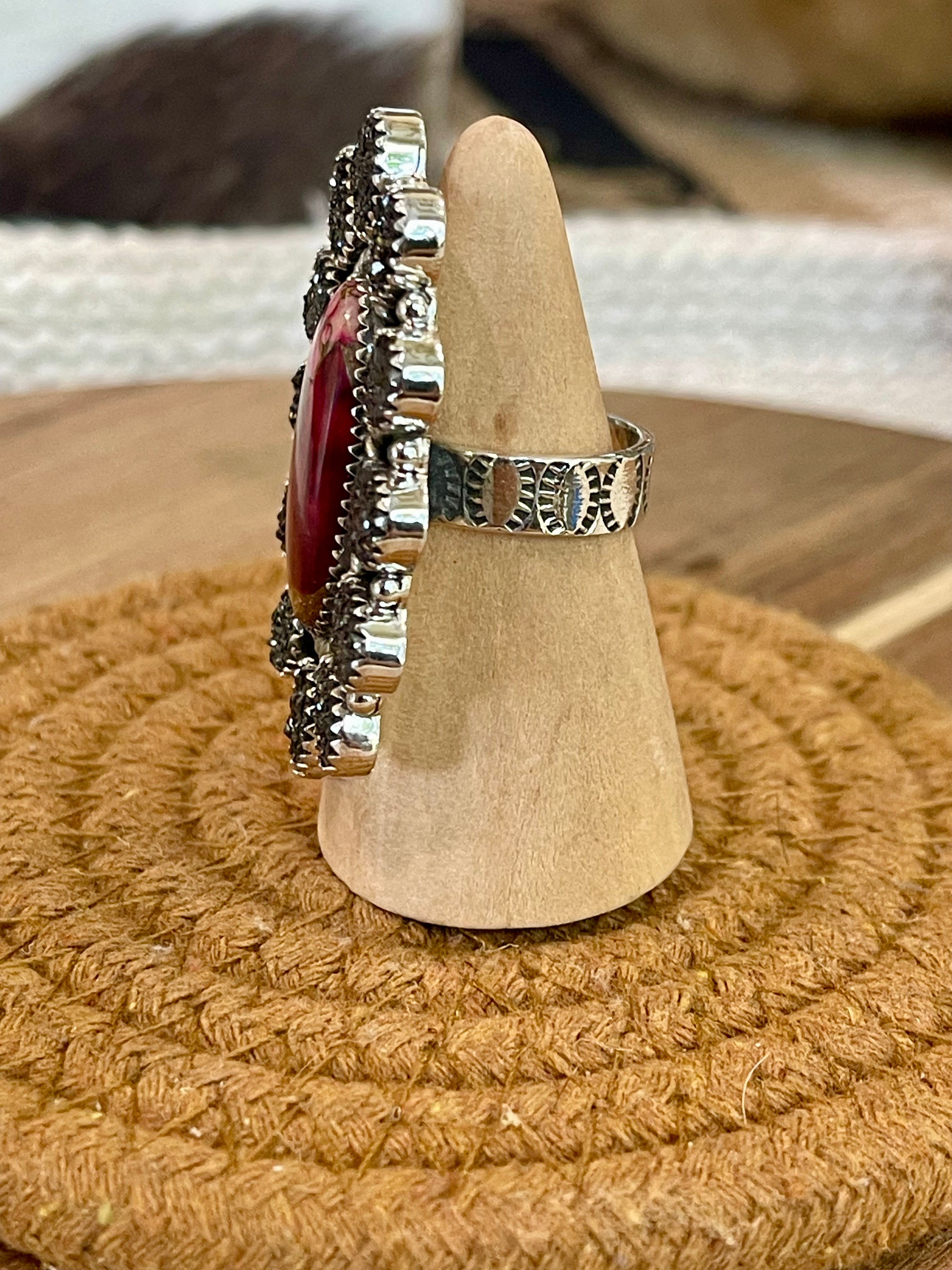 Handcrafted Sterling Silver , Dahlia Rose & Druzy Adjustable Cluster Ring