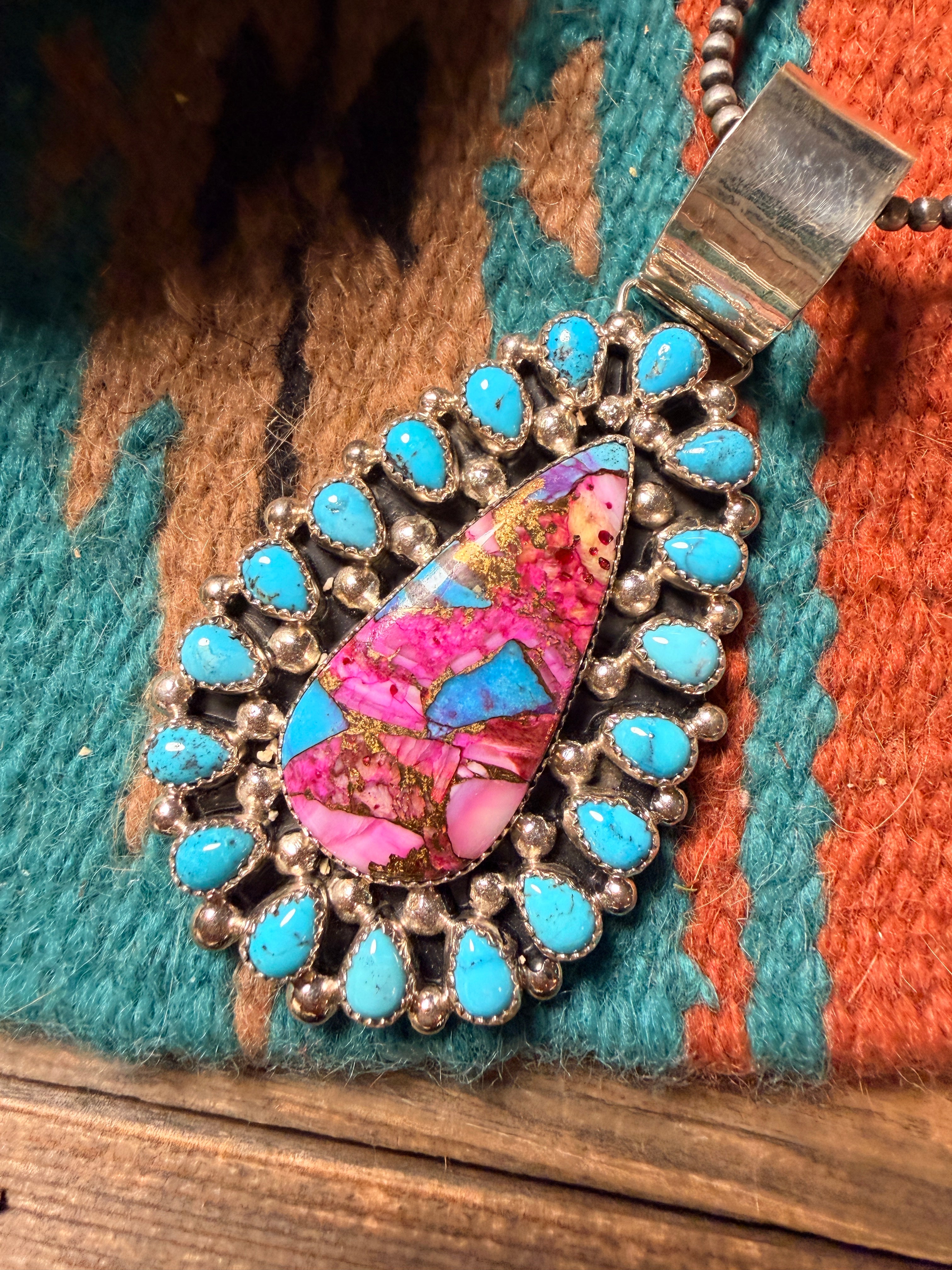 Handcrafted Sterling Silver, Pink Dream Mojave & Turquoise Cluster Pendant