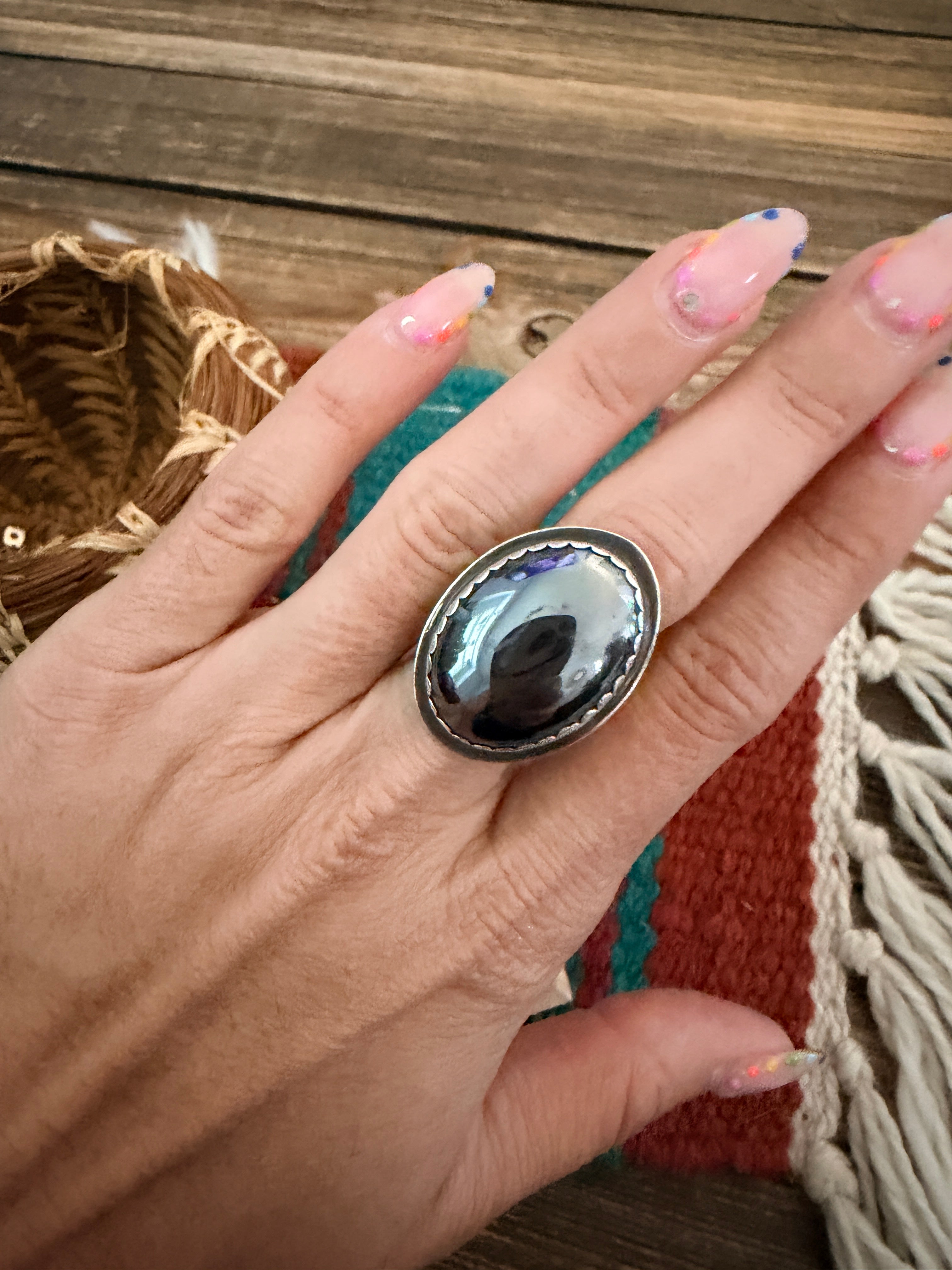 Old Pawn Handcrafted Hematite & Sterling Silver Ring Size 6.25