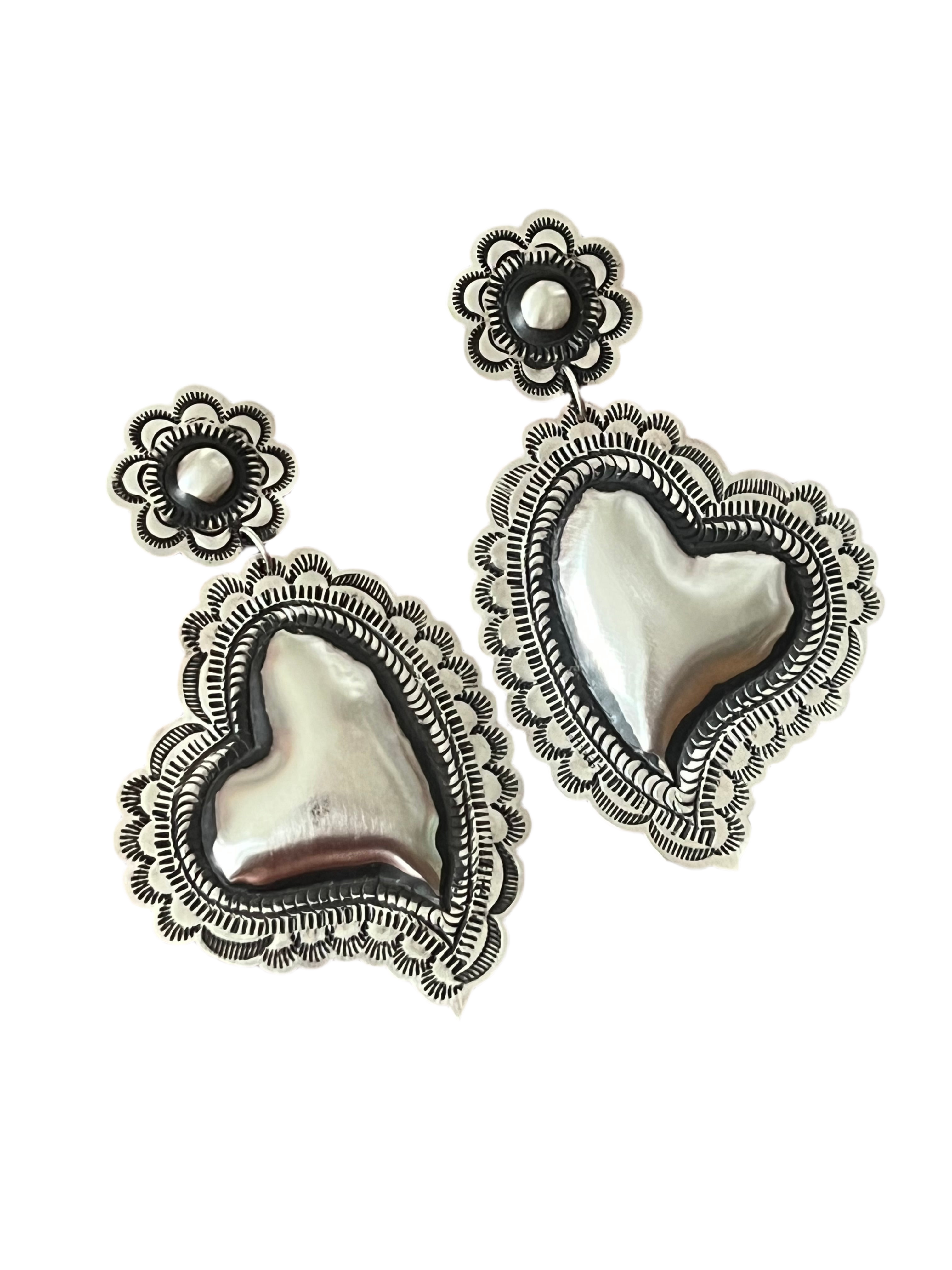 Handcrafted Sterling Silver Stamped Repousse Heart Earrings by Leander Tahe, AH2
