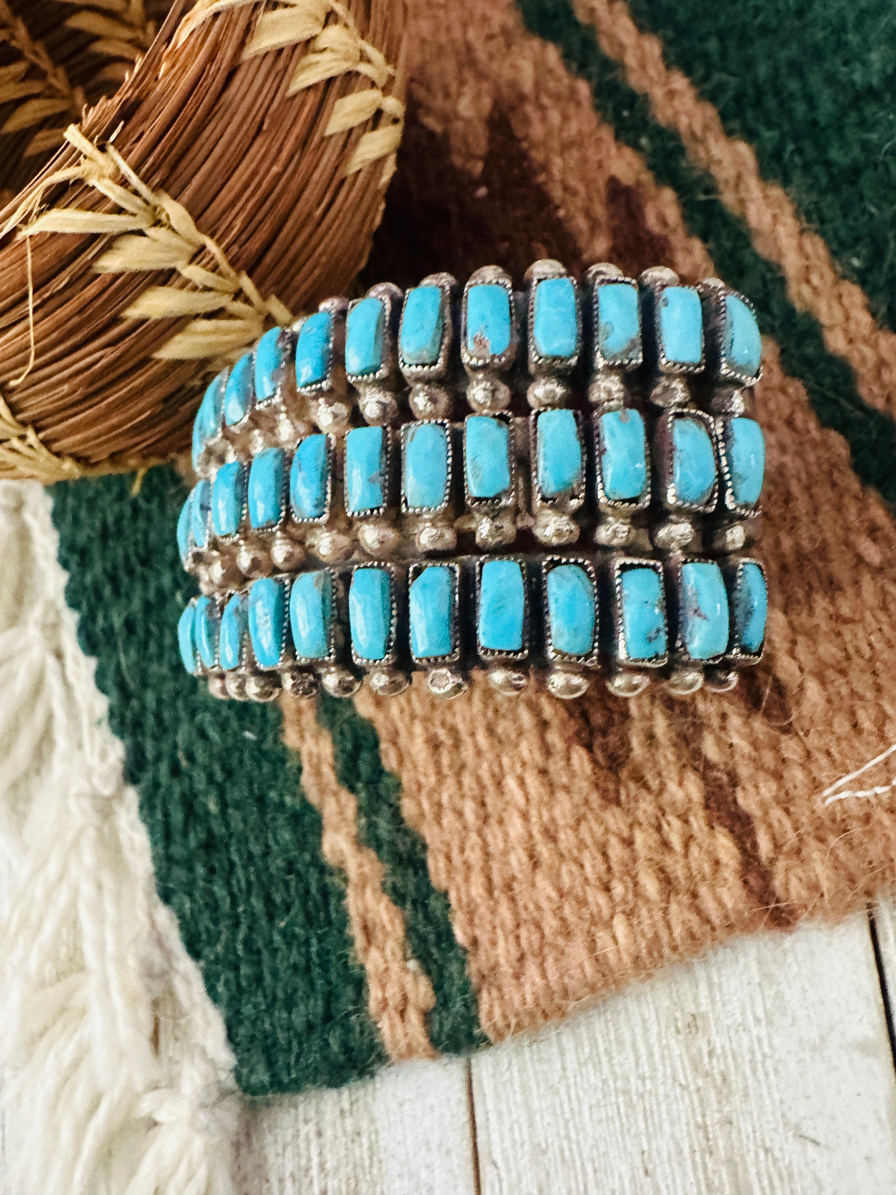 Handcrafted Old Pawn Turquoise & Sterling Silver Cluster Cuff Bracelet