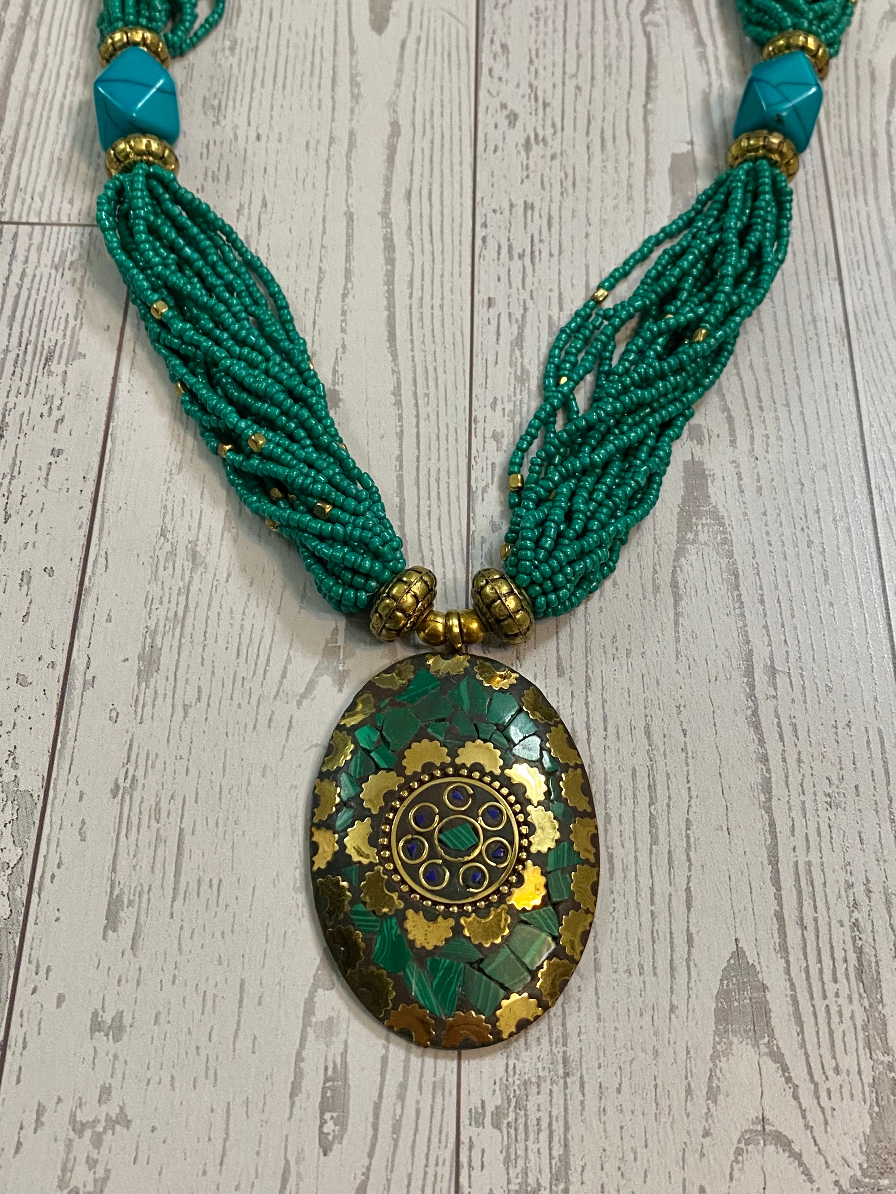 Gold Tone Bohemian Turquoise Colored Beaded Statement Necklace