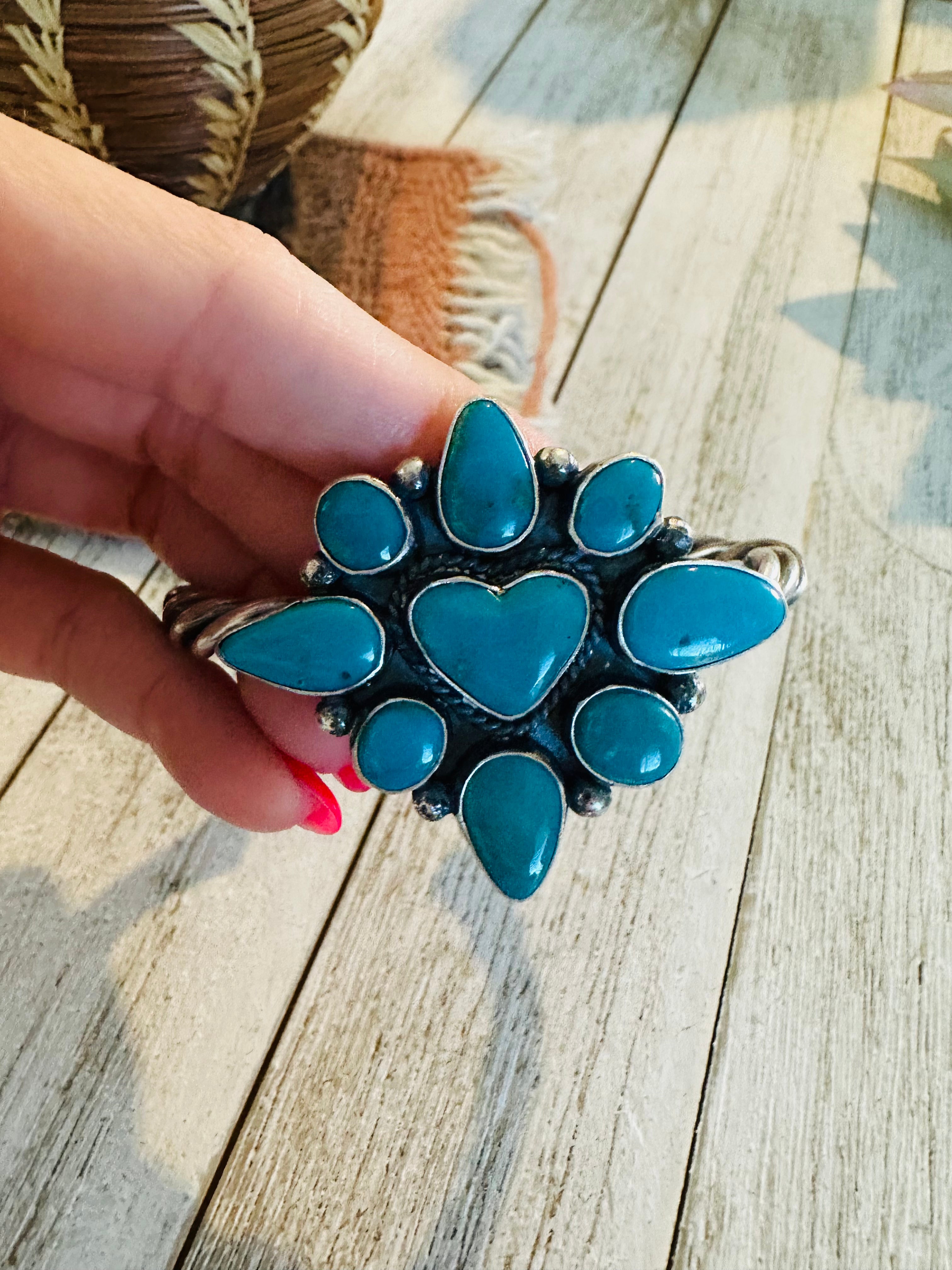 Navajo Kingman Turquoise & Sterling Silver Heart Cuff Bracelet /