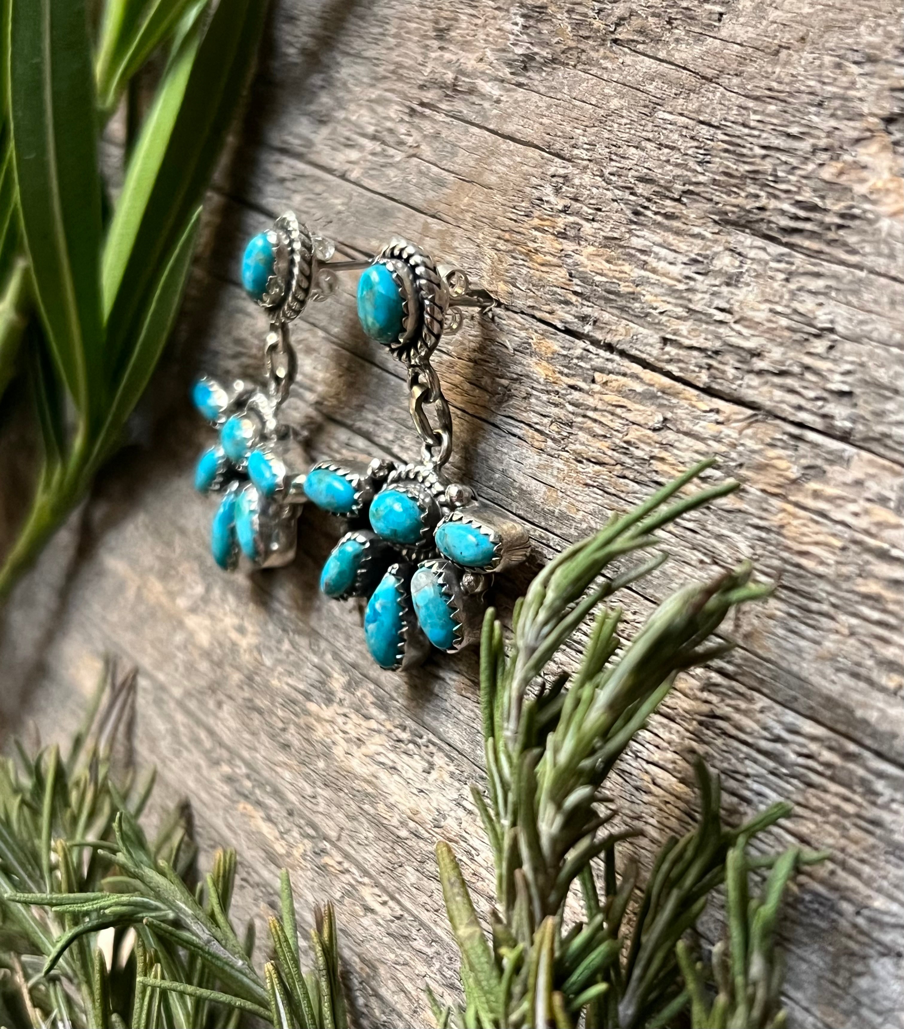 Handmade South Hill Turquoise Cluster Sterling Silver Dangle Earrings