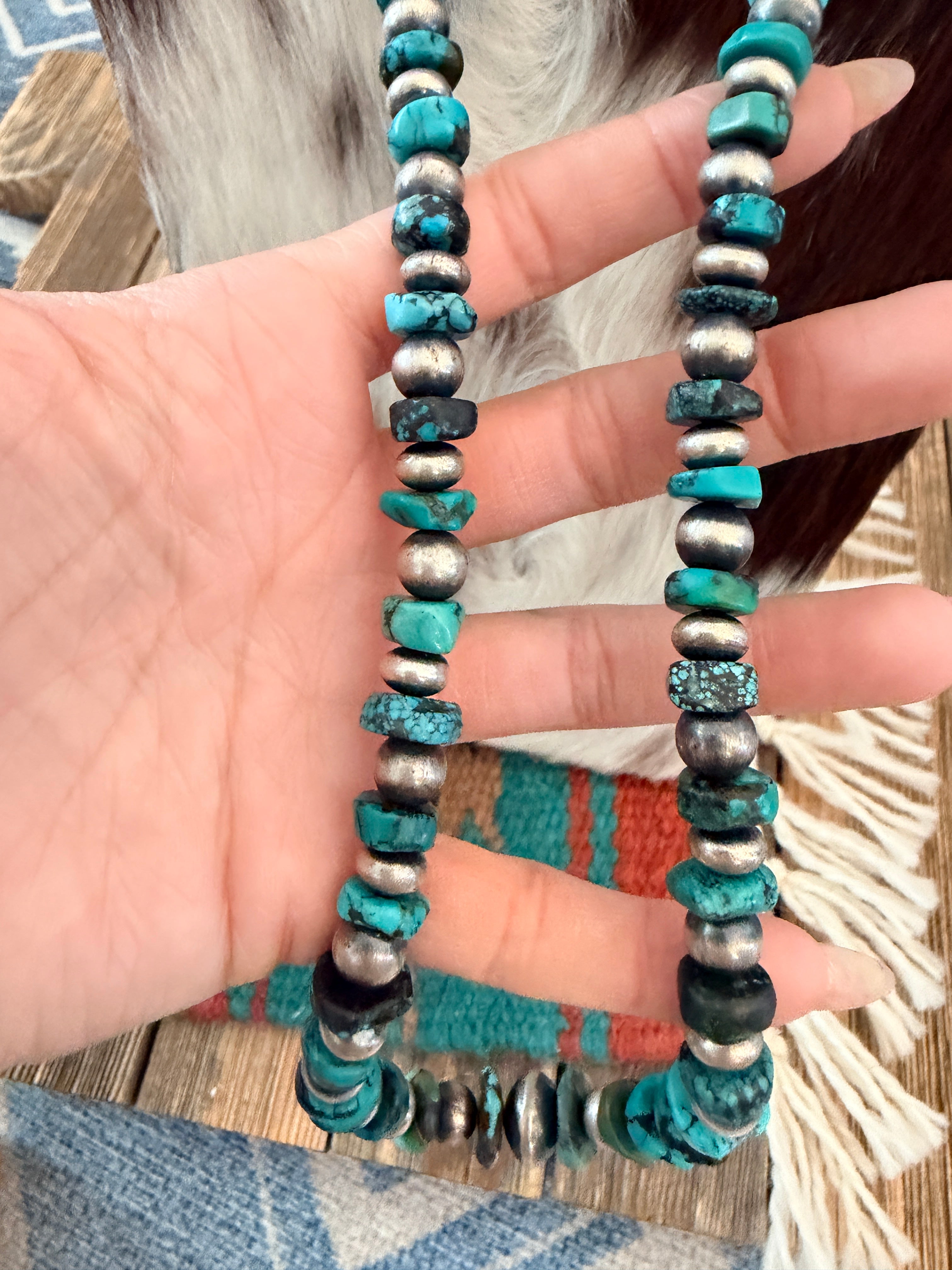 Handcrafted Turquoise & Sterling Silver Pearl 32" Beaded Necklace