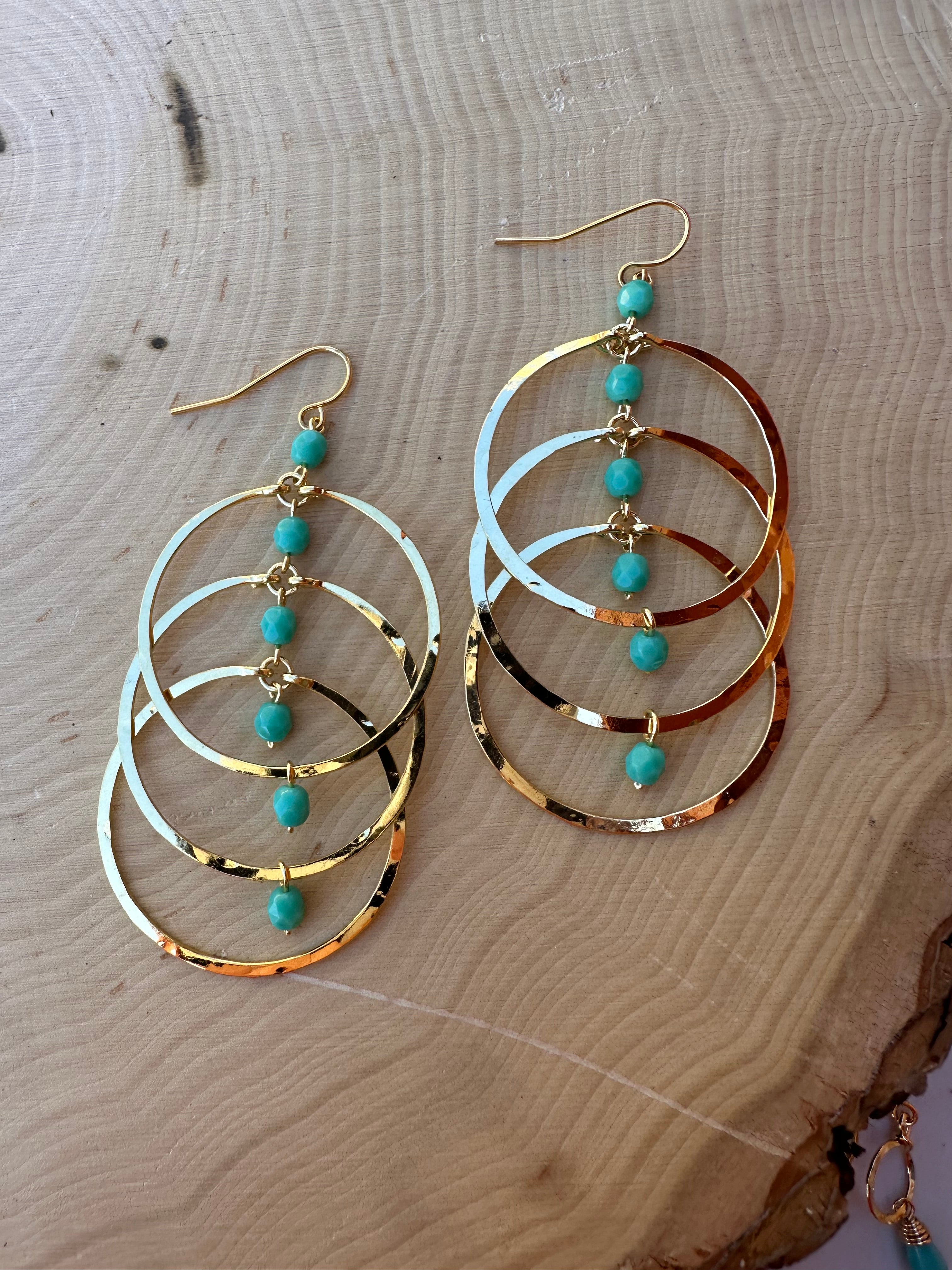 “The Golden Collection” Groovy Hoops Handmade Turquoise Beaded & 14k Gold Plated Earrings