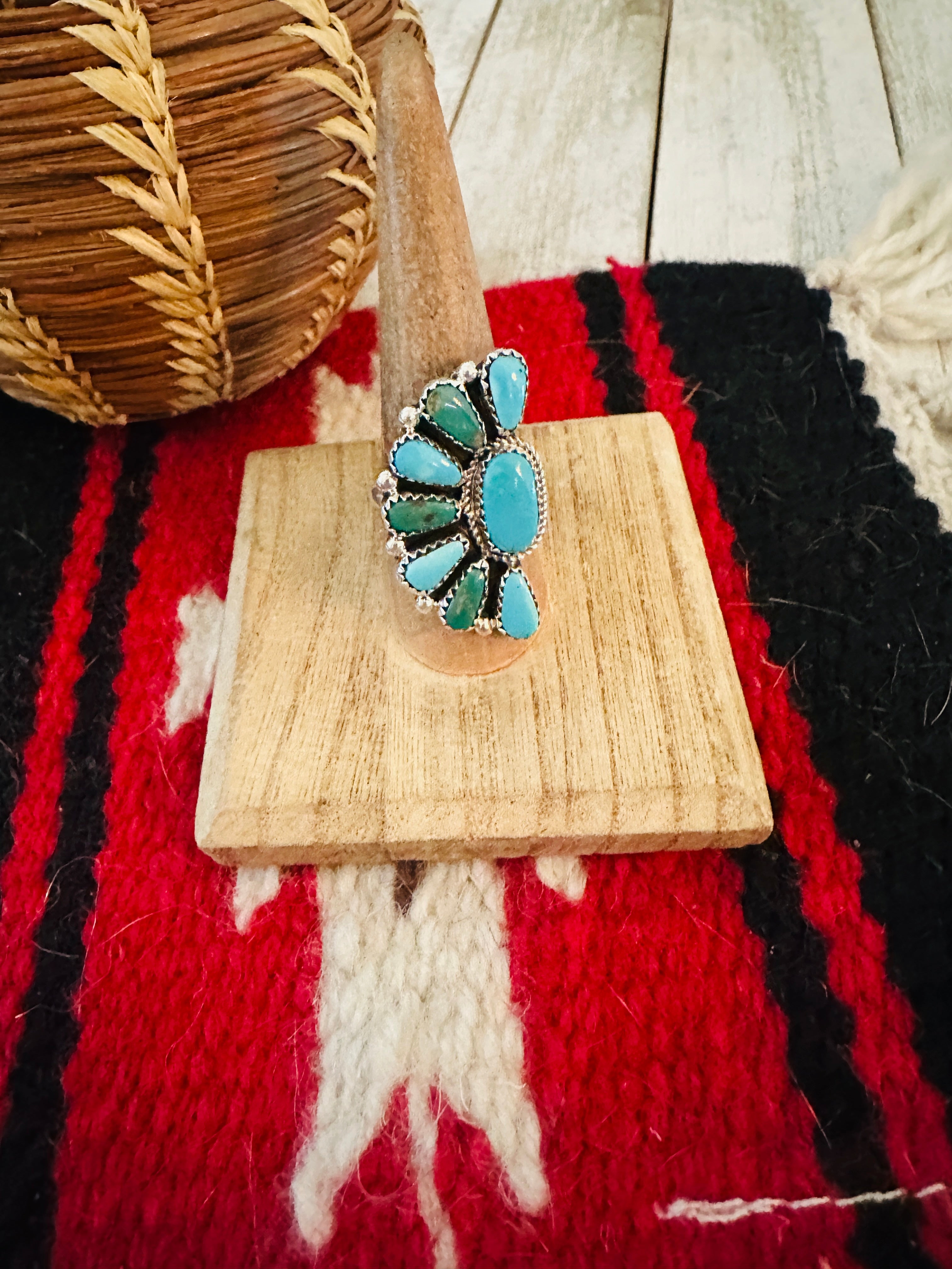 Handcrafted Sterling Silver & Turquoise Cluster Adjustable Ring