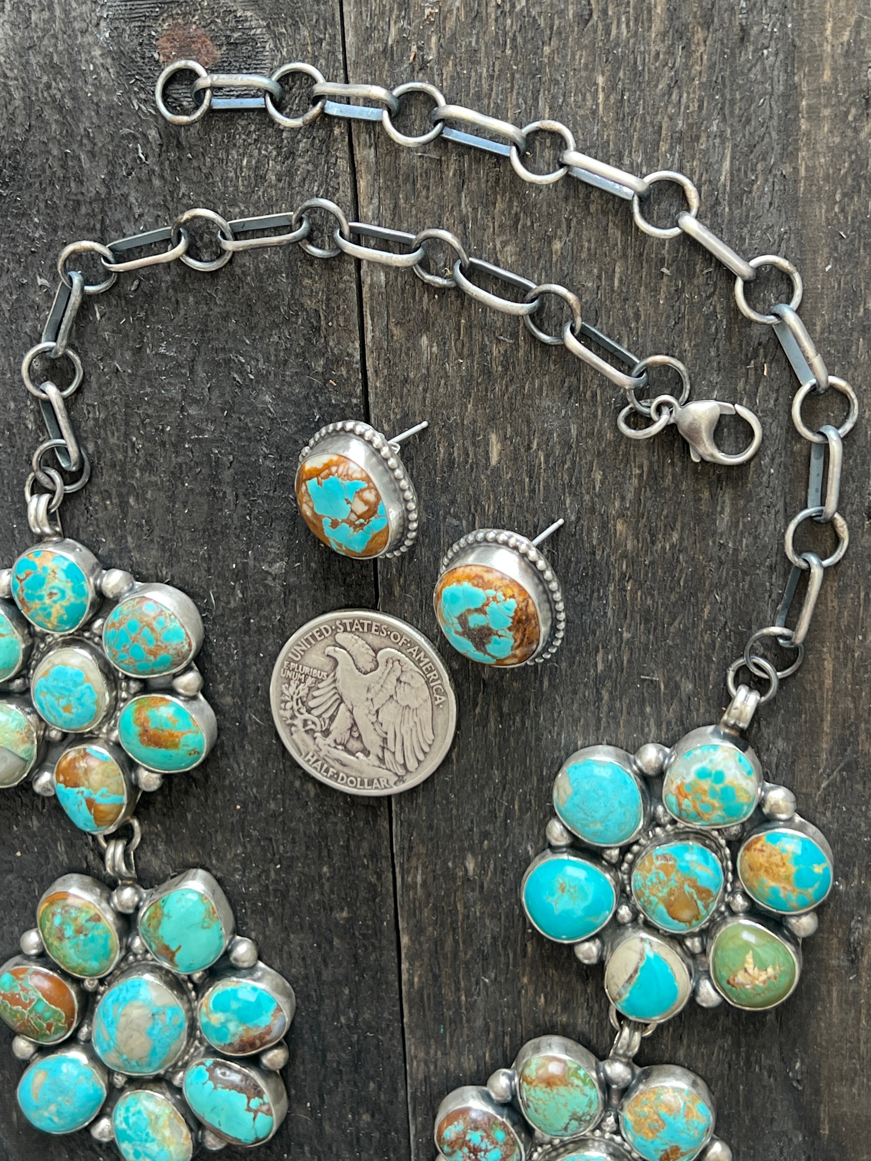 Handcrafted Big Mama Sterling Silver and Royston Turquoise Cluster Necklace with Matching Earrings by Sheila Becenti