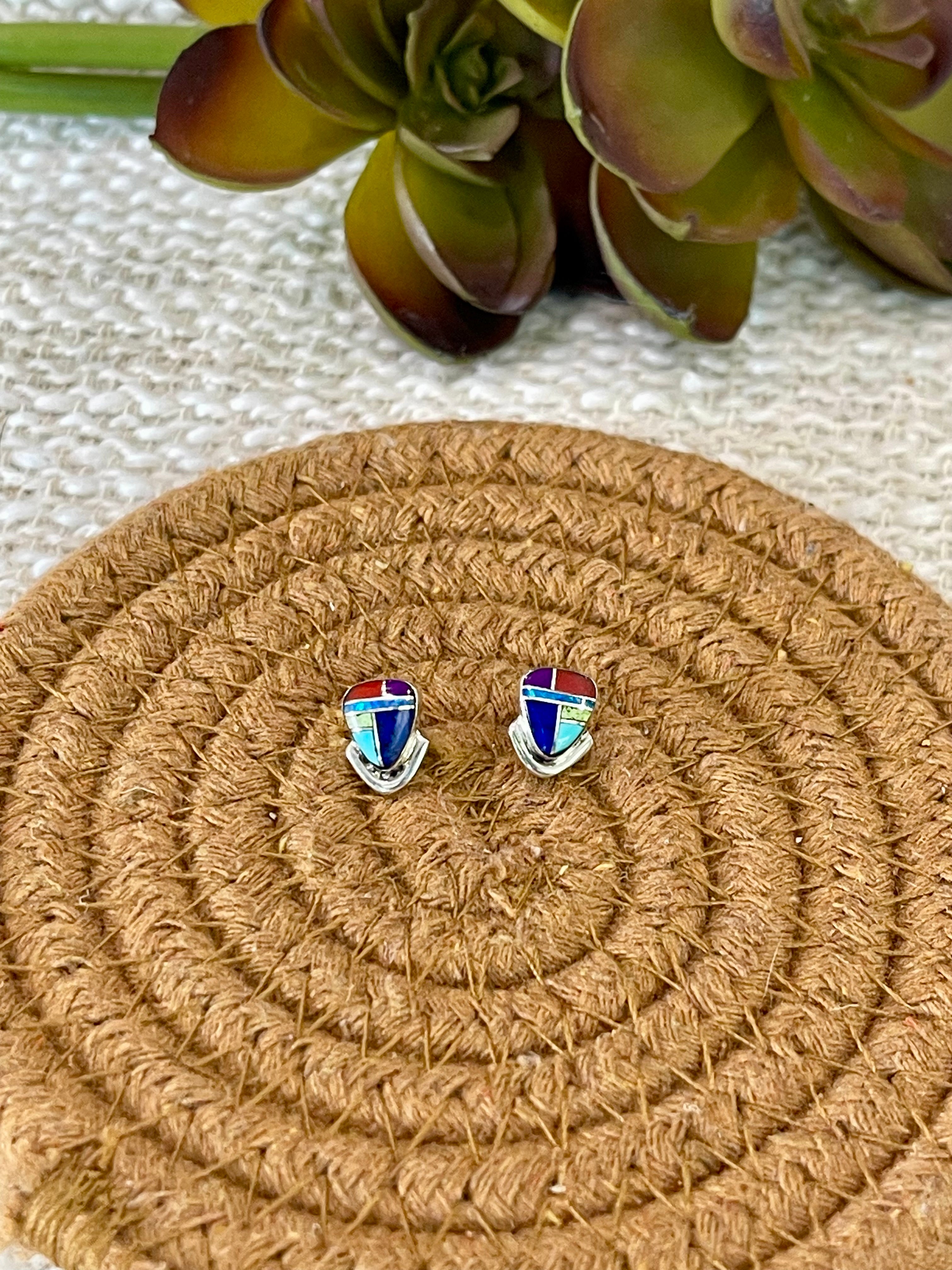 Beautiful Handmade Sterling Silver & Multi Stone Inlay Stud Earrings