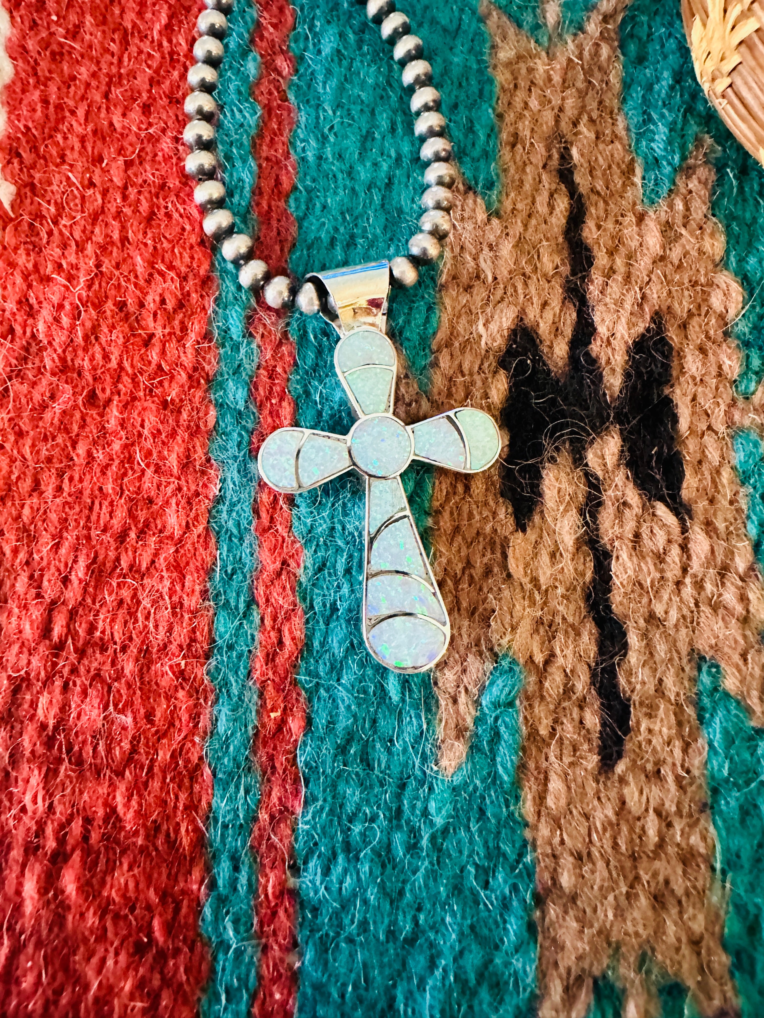 Handcrafted Sterling Silver & White Opal Inlay Cross Pendant Signed