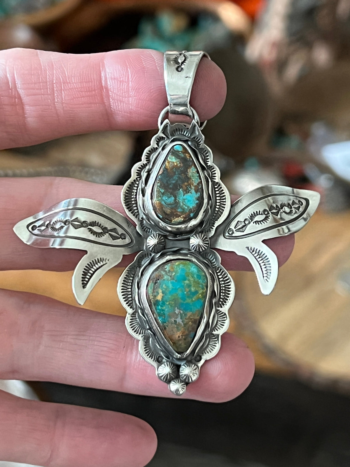 Kimari Somers Hand Stamped Sterling Silver and Turquoise Winged Bug Pendant
