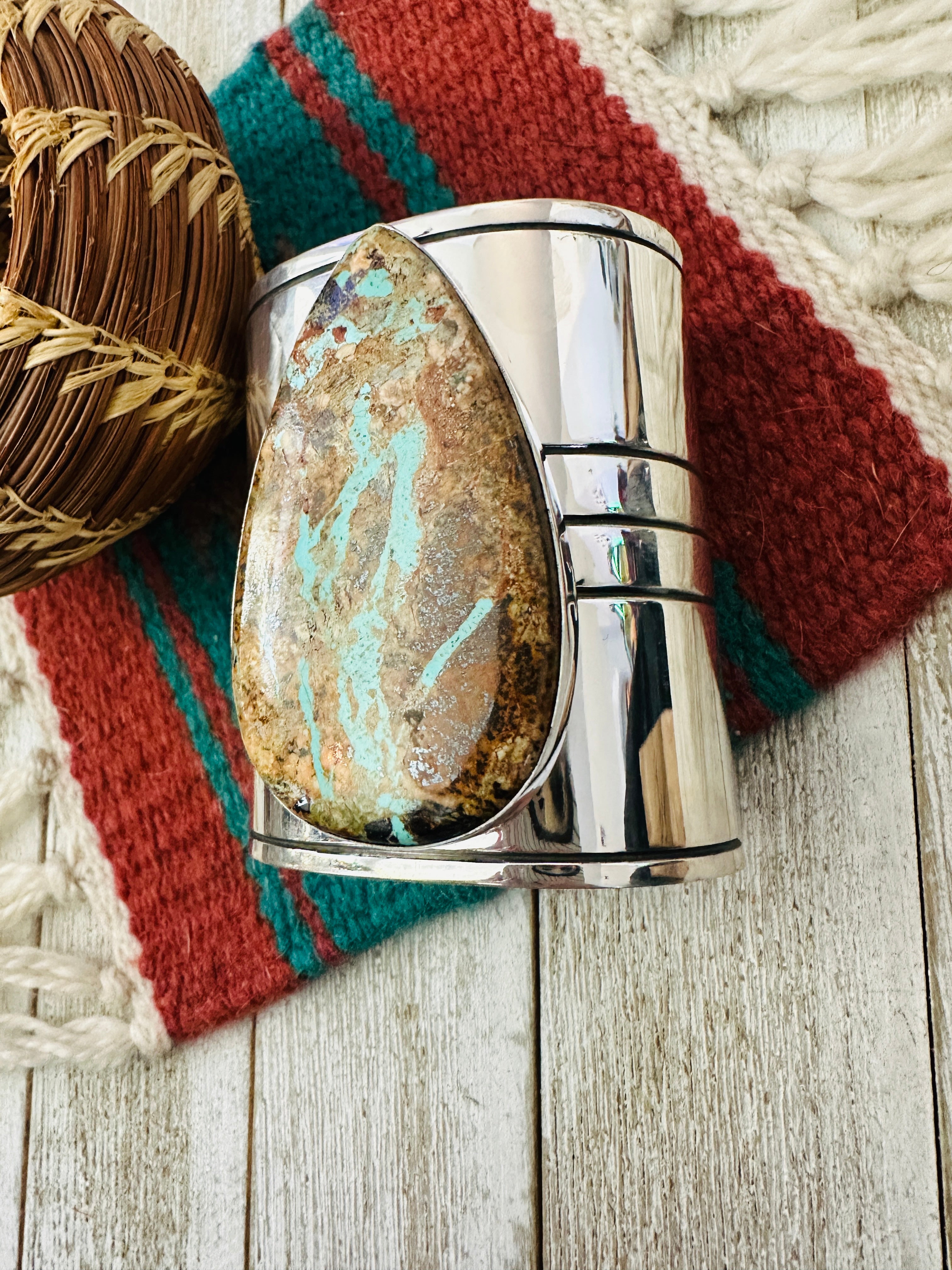 Handcrafted Sterling Silver & Ribbon Turquoise Cuff Bracelet by Ed Smith