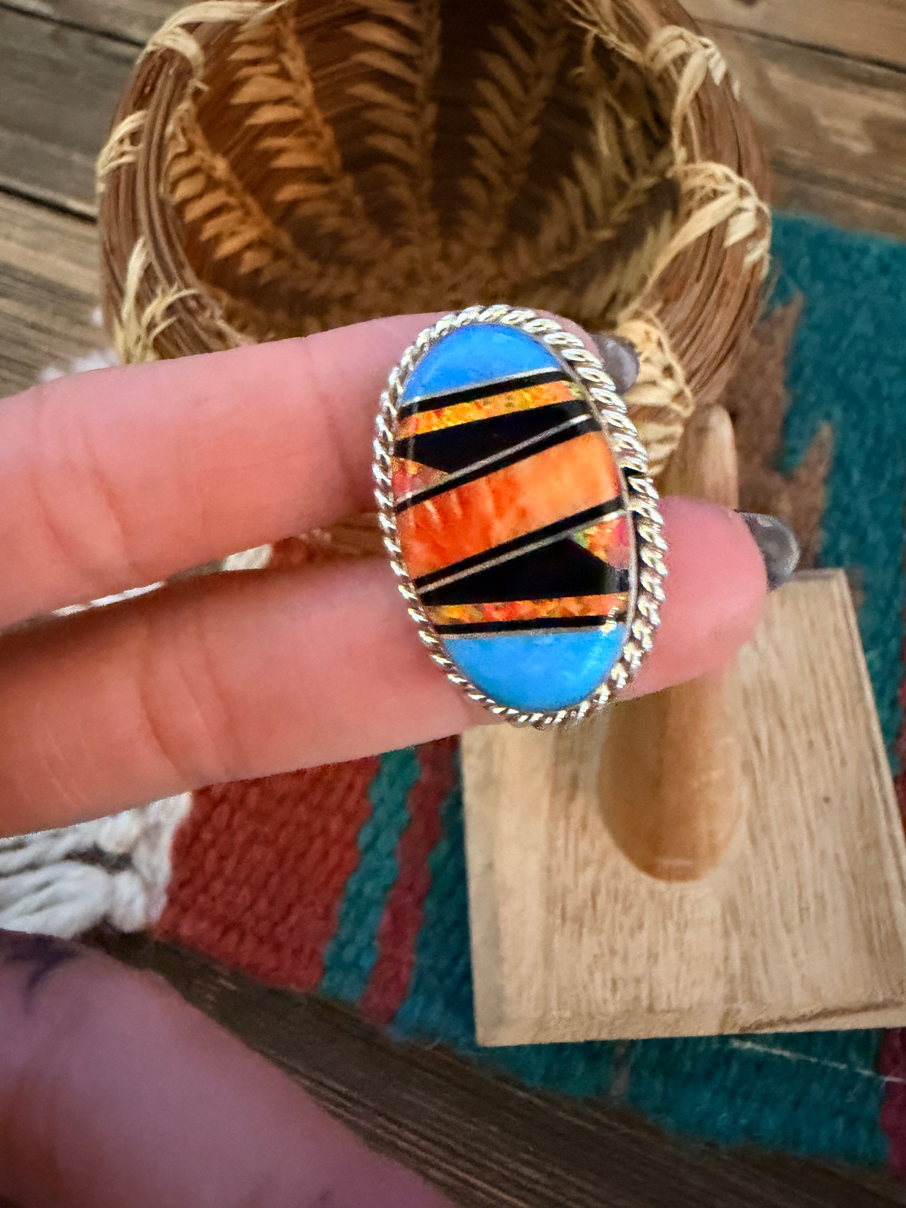 Handcrafted Multi Stone & Sterling Silver Inlay Ring Size 9