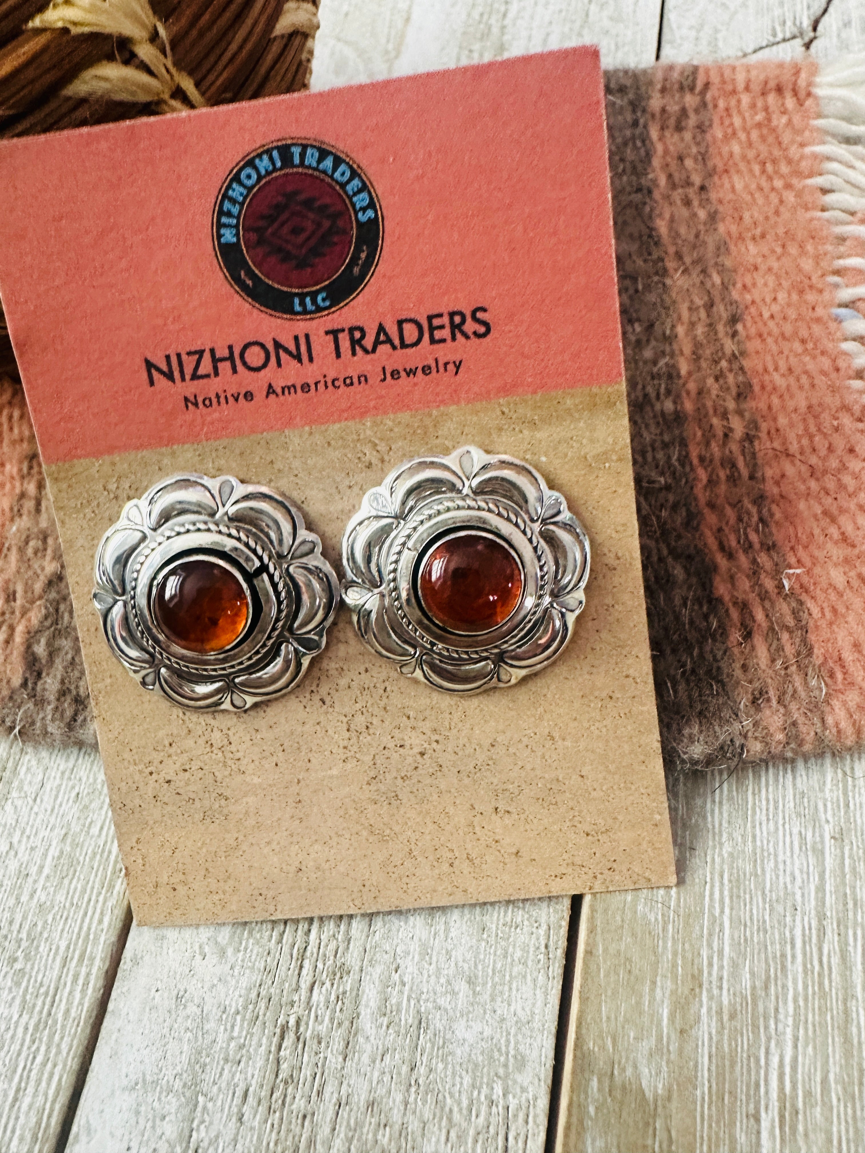 Handcrafted Old Pawn Sterling Silver & Amber Flower Post Earrings