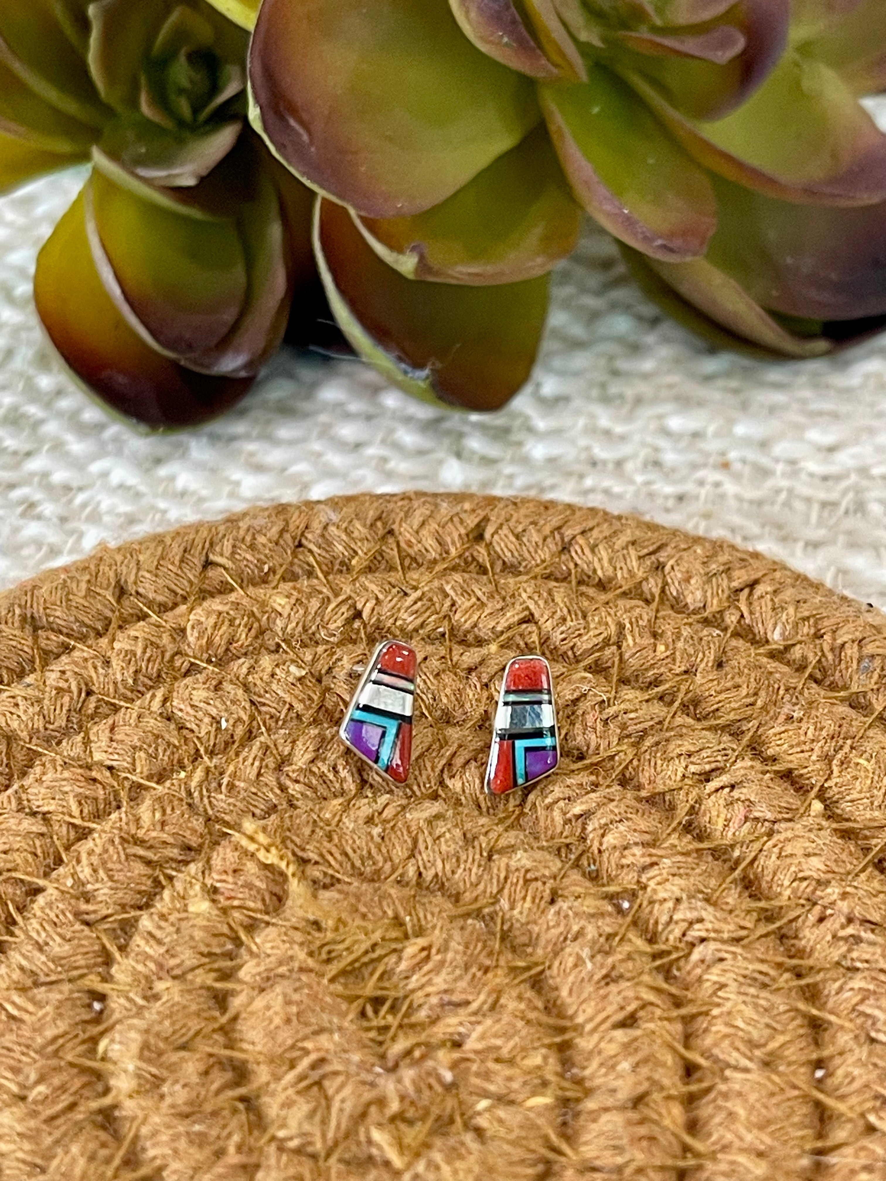 Beautiful Handmade Sterling Silver & Multi Stone Inlay Stud Earrings