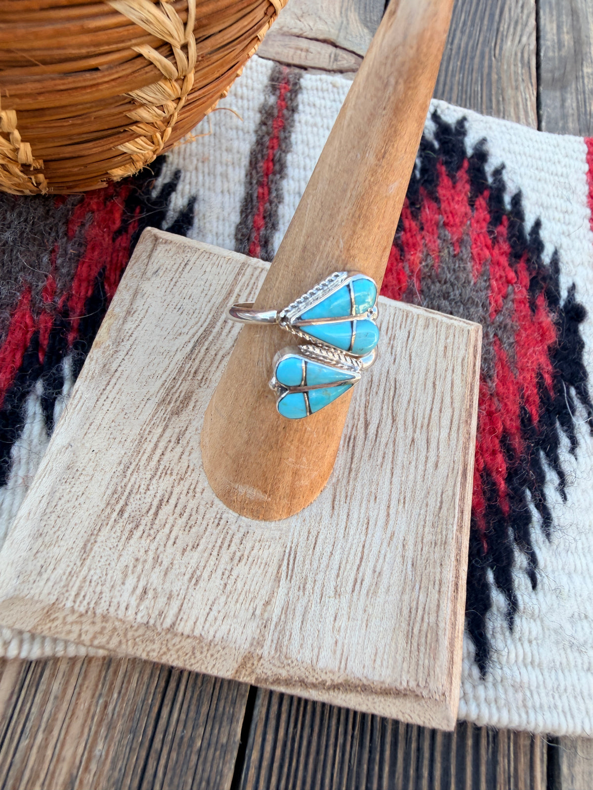 Handcrafted Turquoise & Sterling Silver Inlay Heart Adjustable Ring