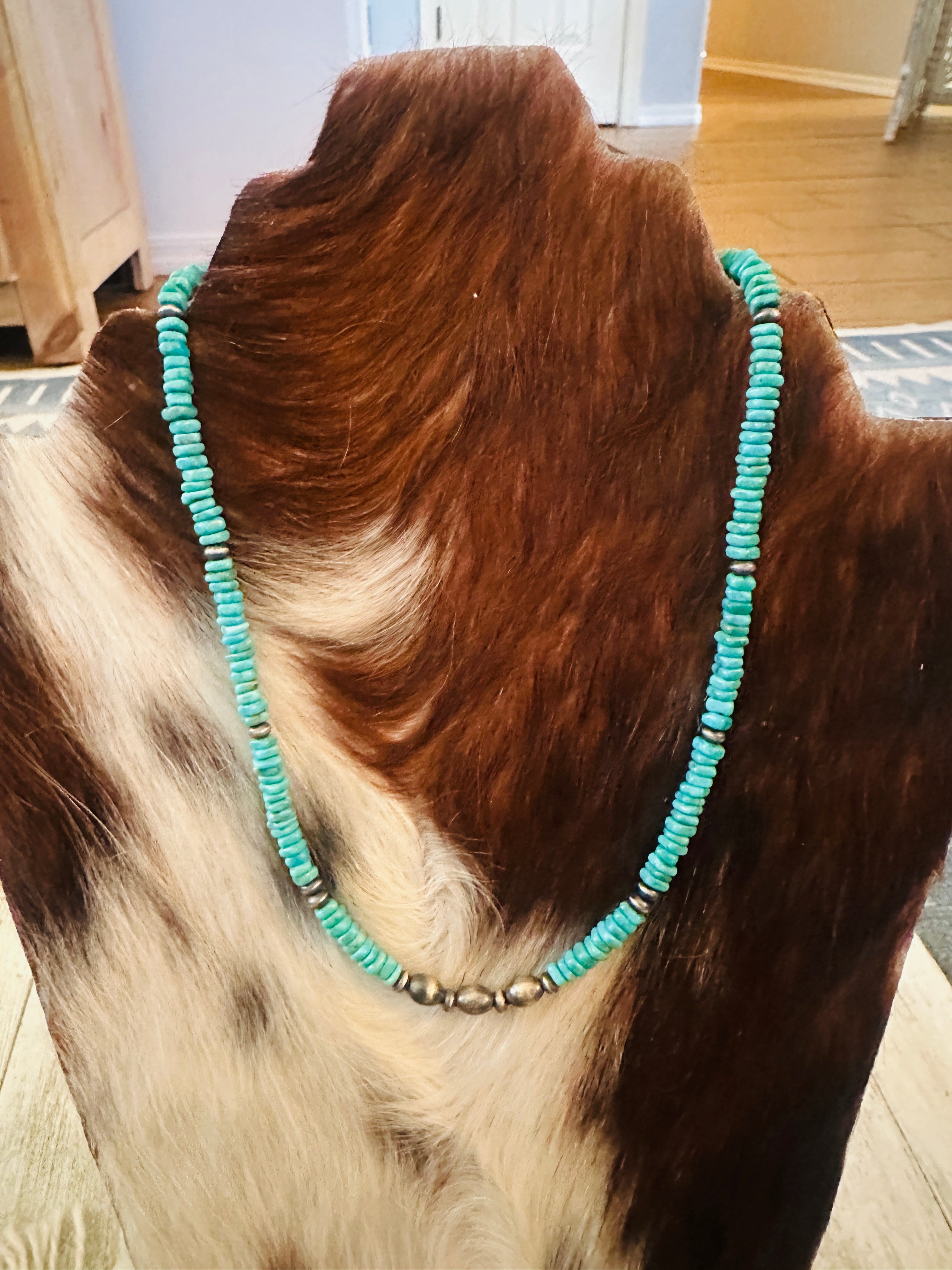 Handcrafted Turquoise & Sterling Silver Beaded Necklace 16”