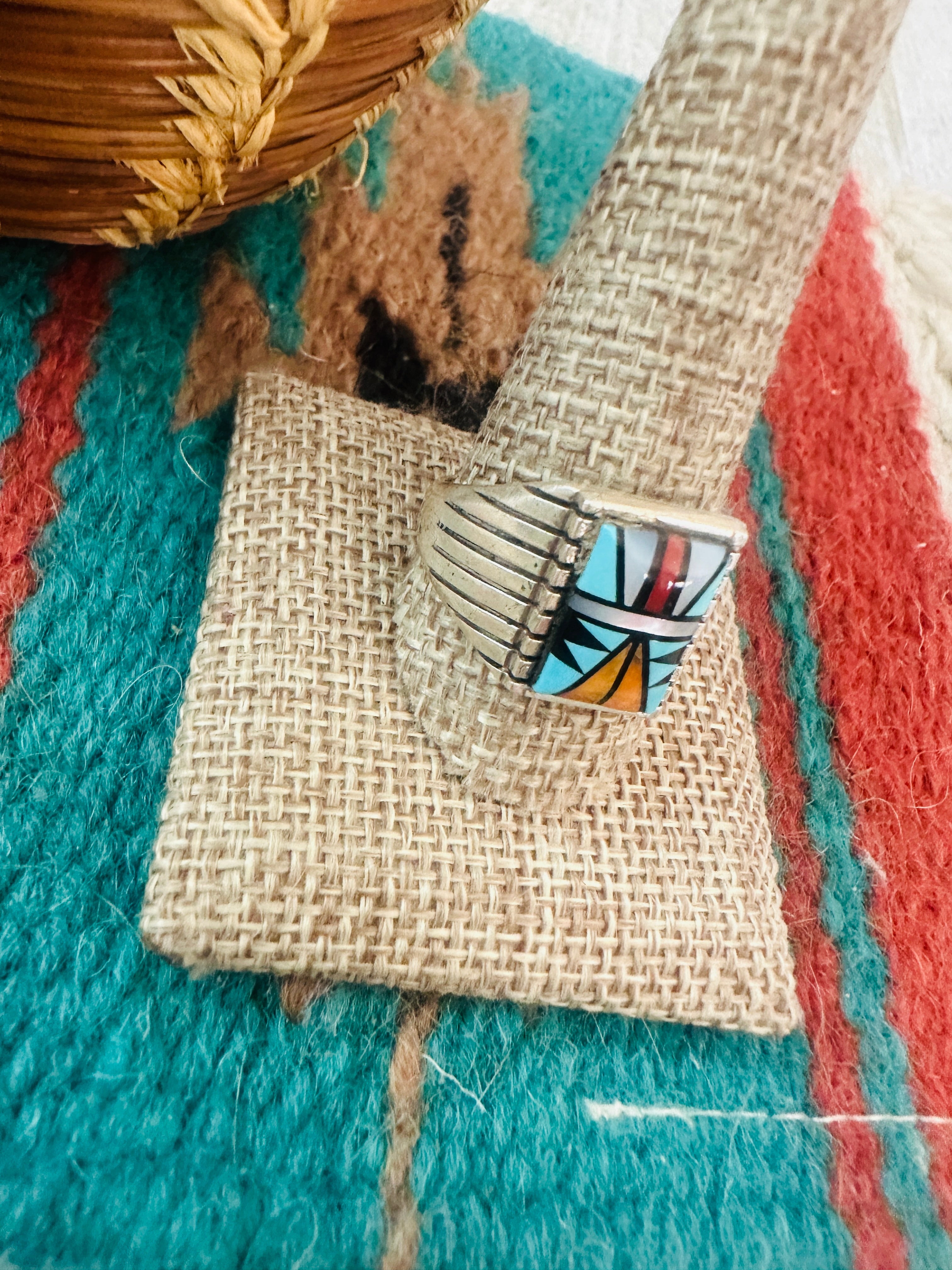 Handcrafted Old Pawn Sterling Silver & Multi Stone Inlay Ring Size 12