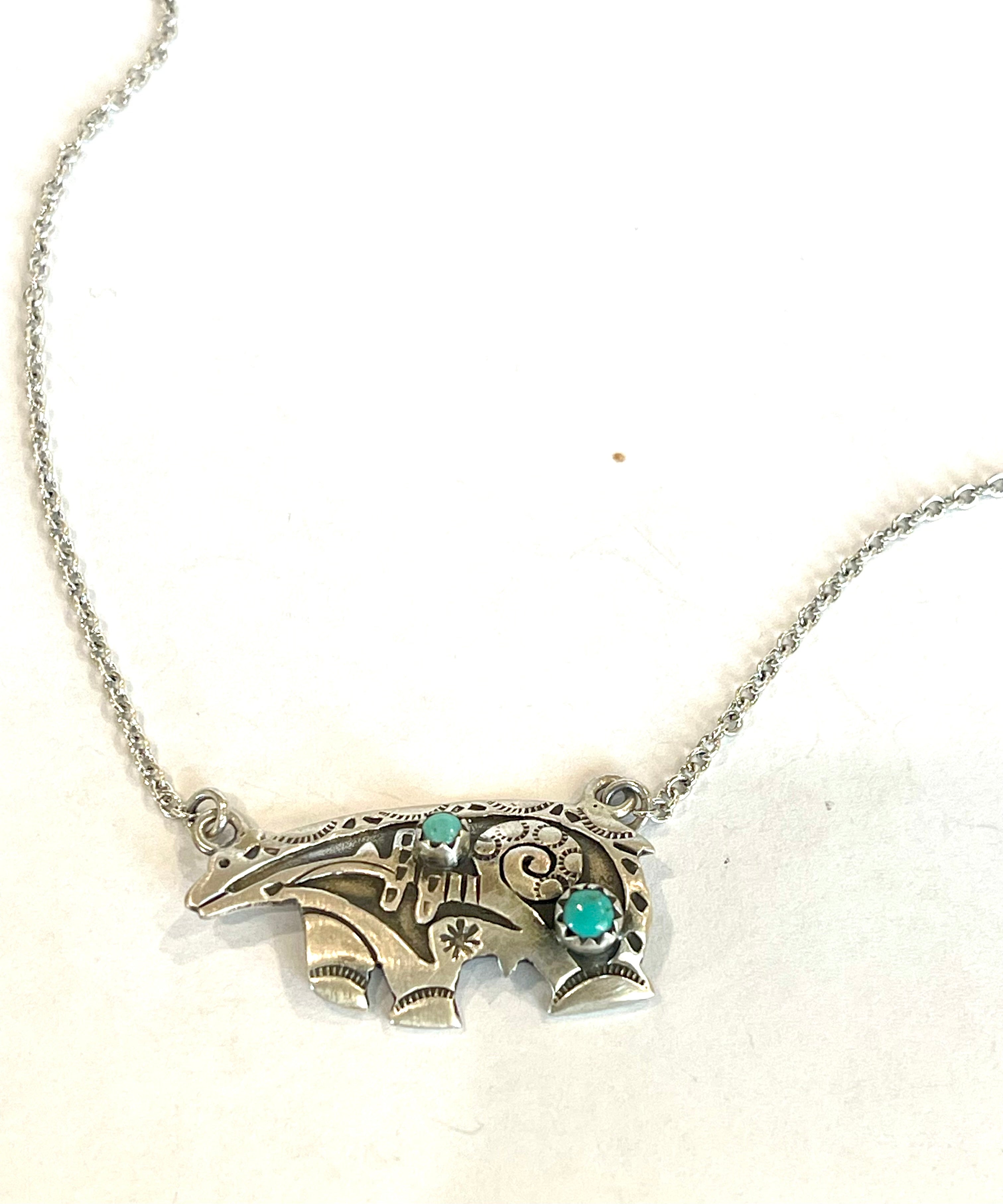 Beautiful Handmade Sterling Silver & Turquoise Bear Necklace
