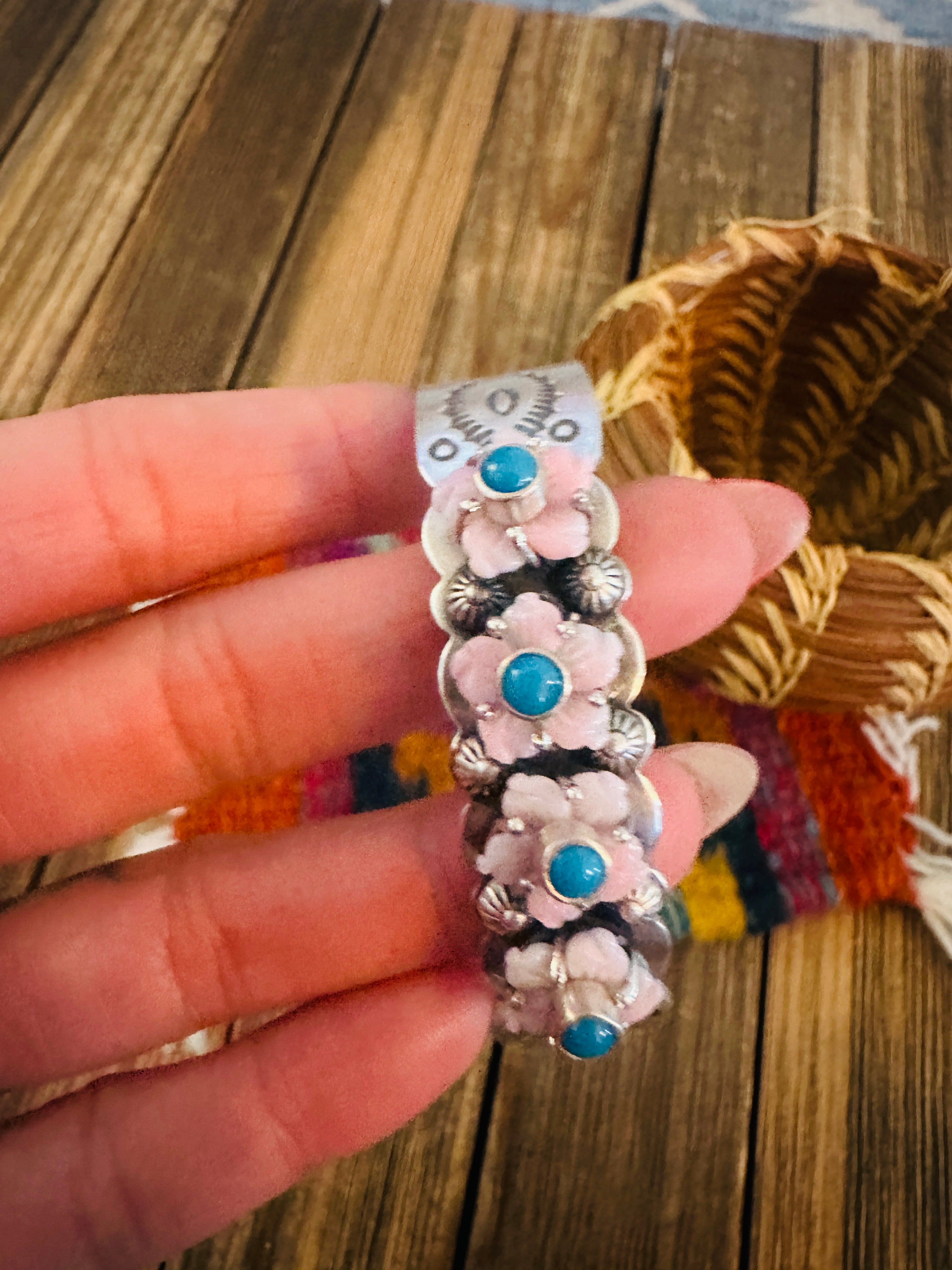 Handcrafted Queen Pink Conch, Turquoise & Sterling Silver Flower Cuff Bracelet