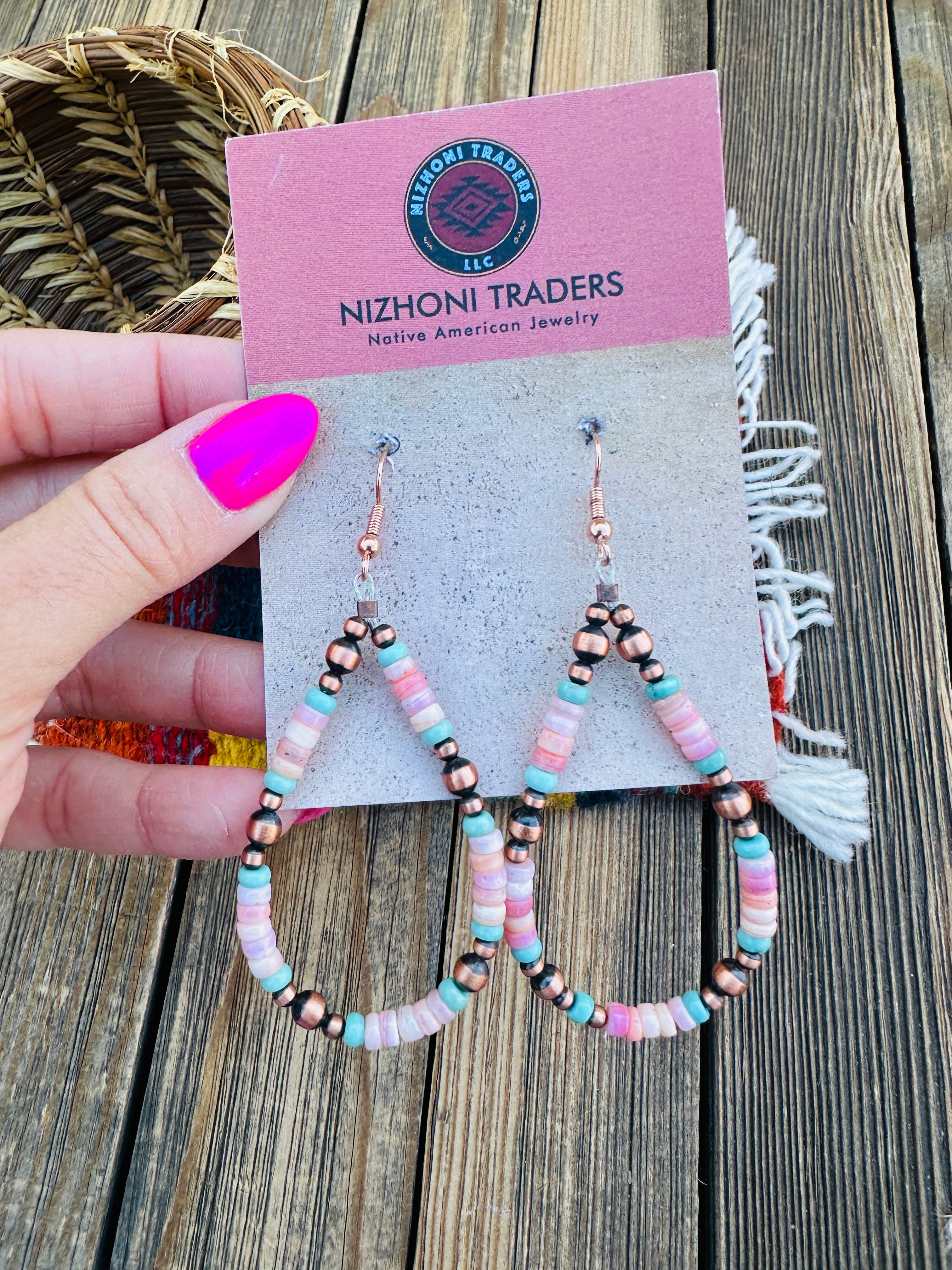 Handcrafted Queen Pink Conch, Turquoise & Copper Beaded Dangle Hoop Earrings
