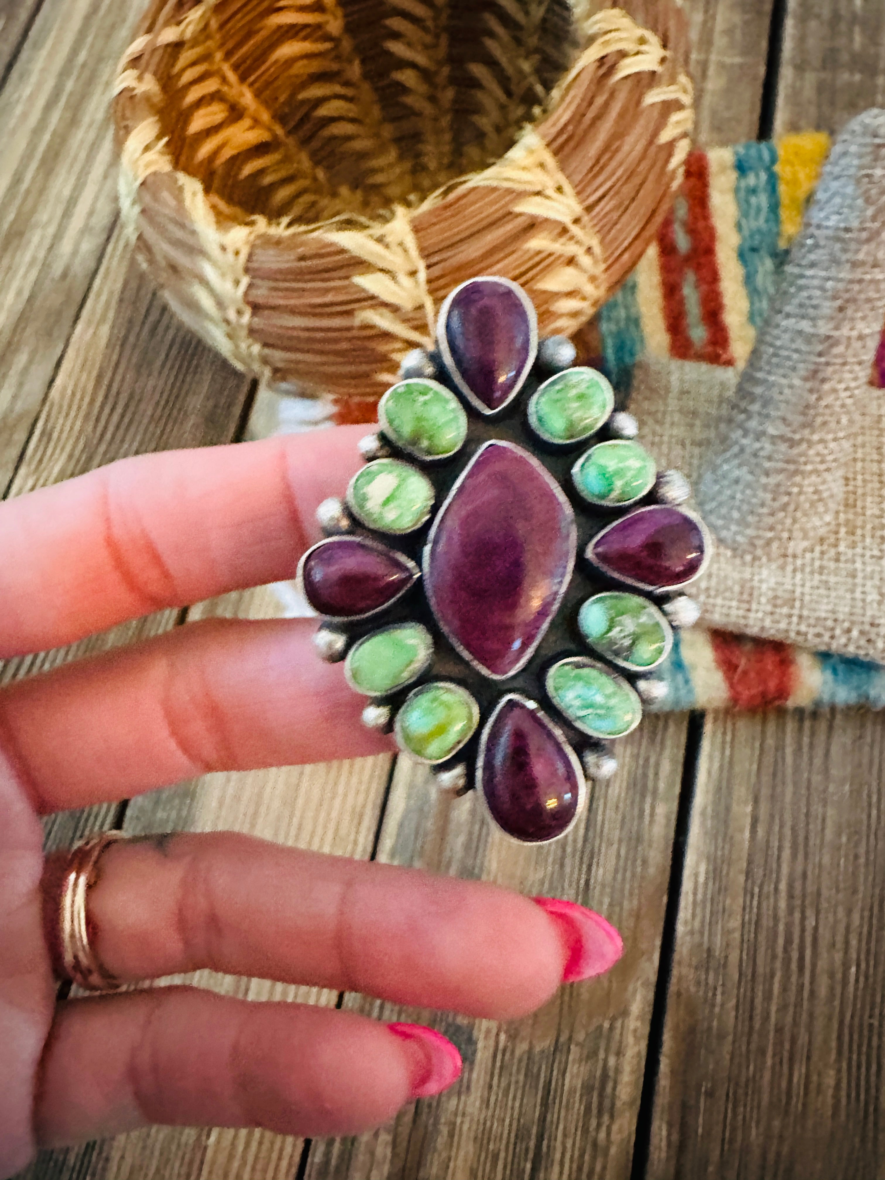 Handcrafted Spiny, Turquoise & Sterling Silver Adjustable Cluster Ring by Rena Shelly