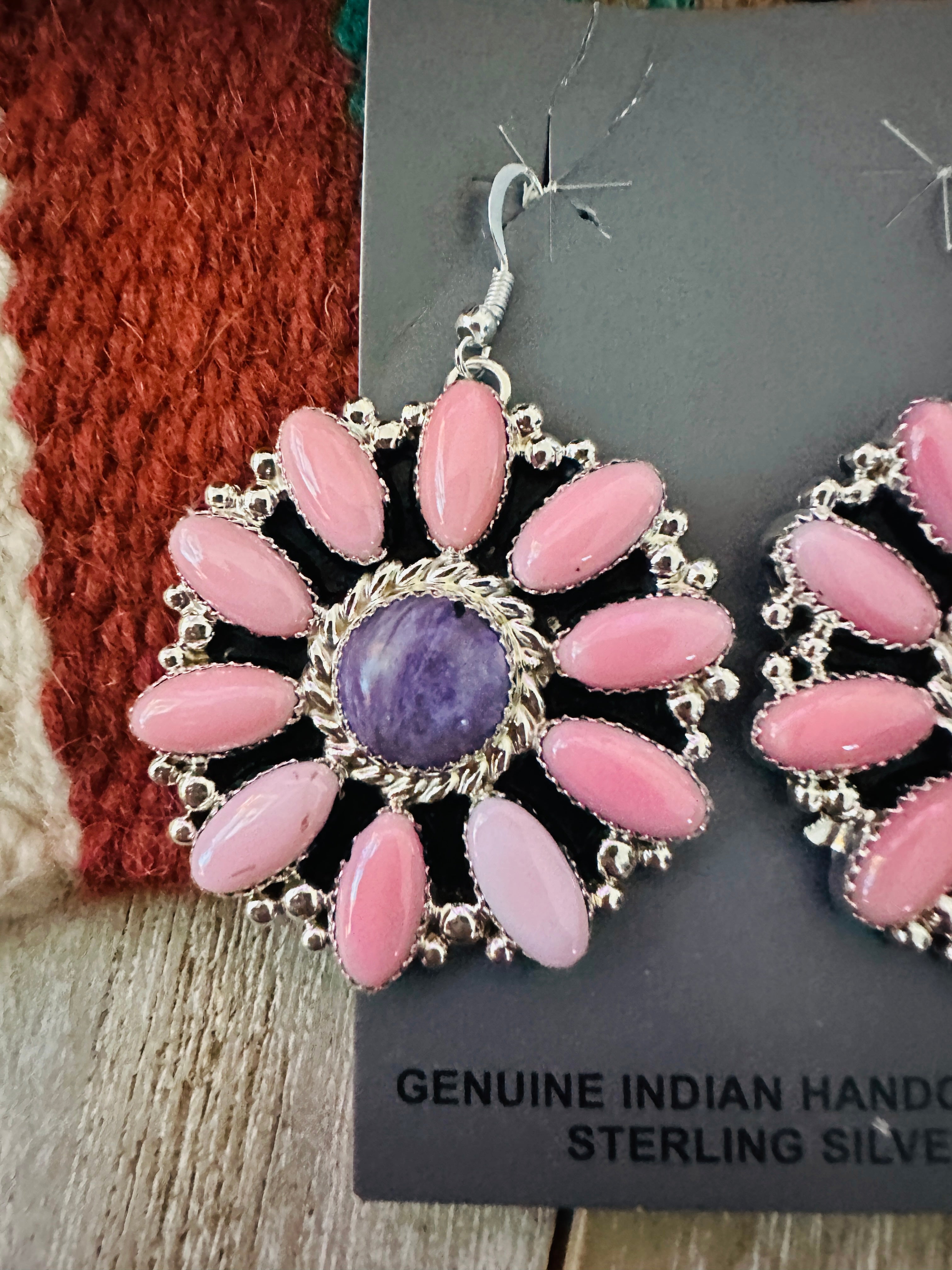 Handcrafted Queen Pink Conch, Charoite & Sterling Silver Cluster Dangle Earrings