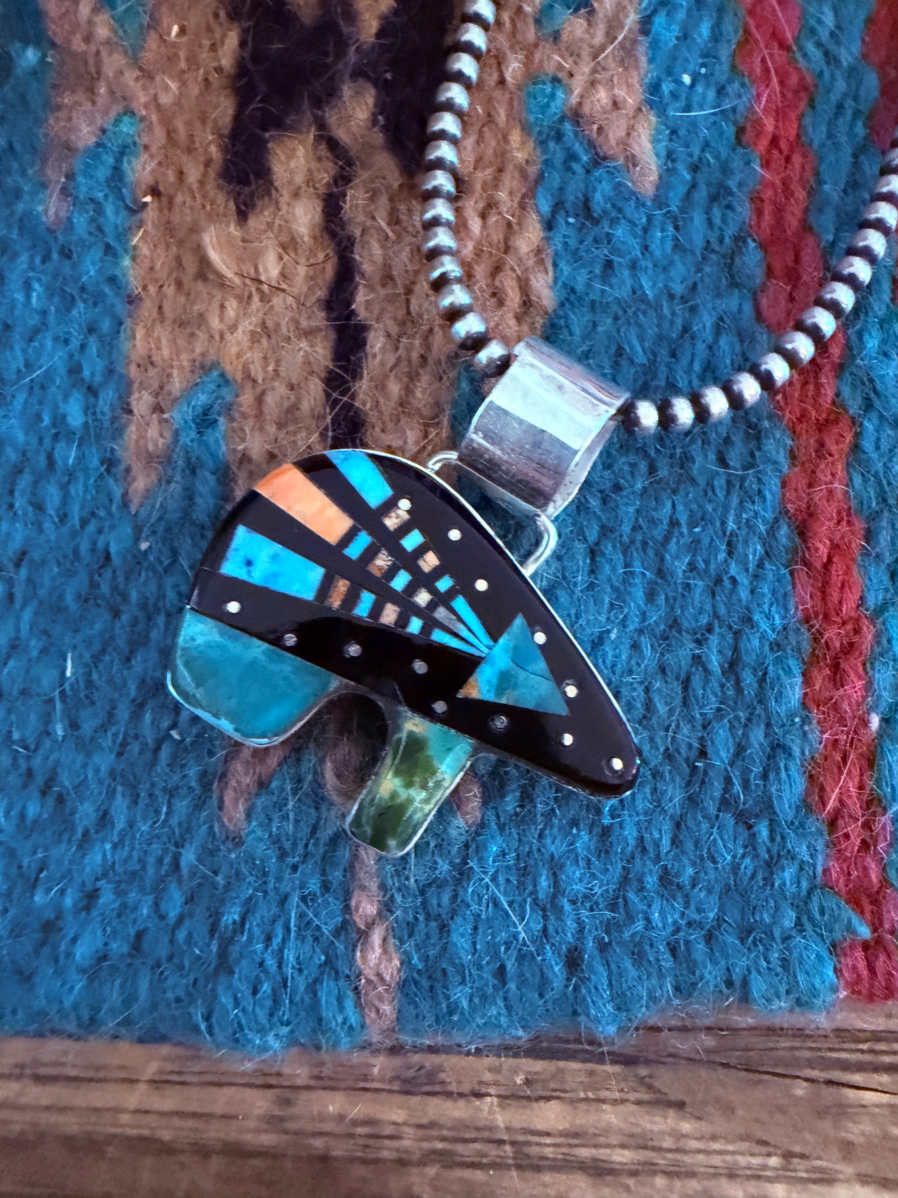 Handcrafted Sterling Silver and Multi Stone Inlay Bear Pendant by Ray Jack