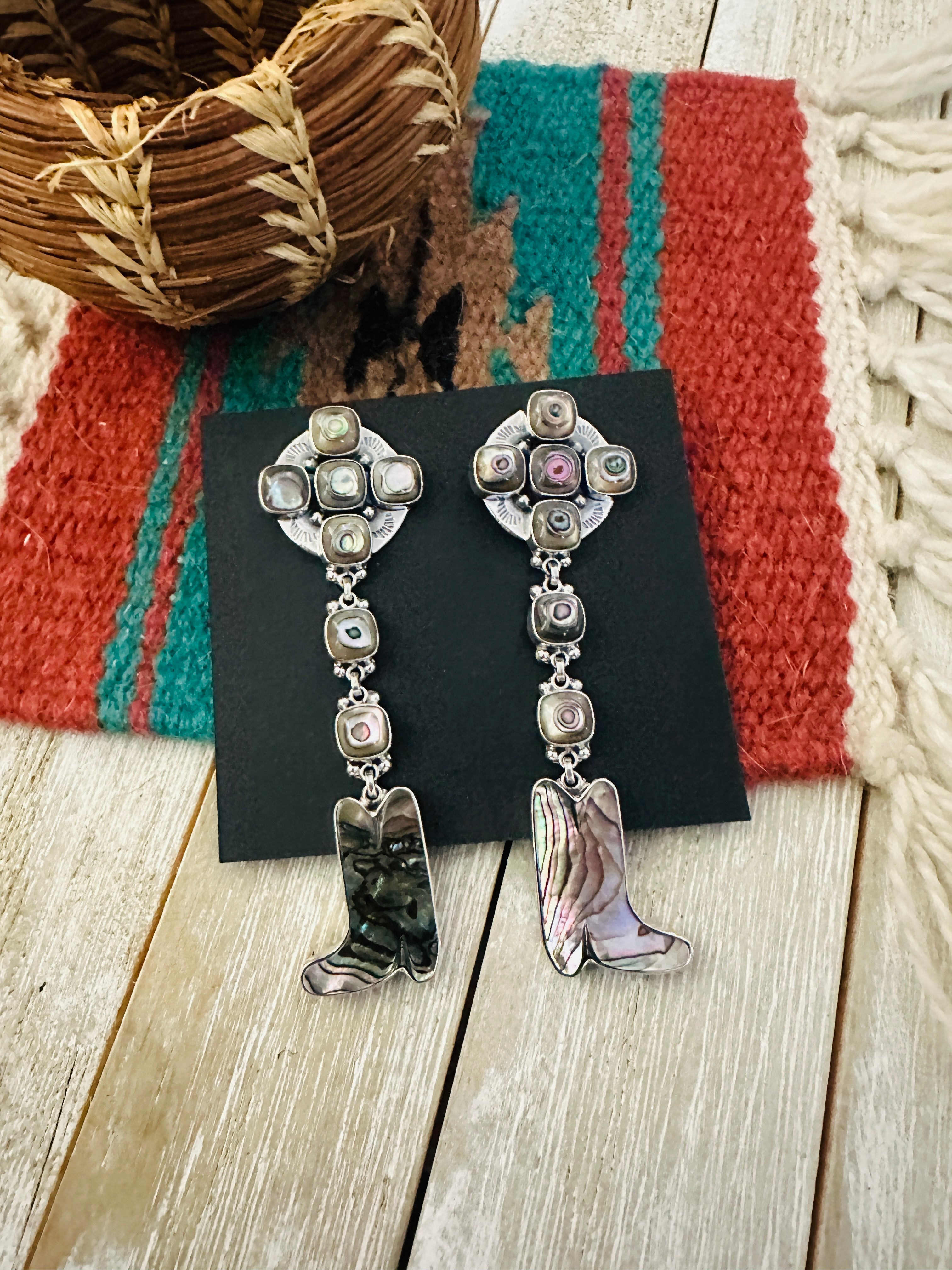Handcrafted Abalone & Sterling Silver Cowboy Boot Dangle Earrings by Federico Jimenez
