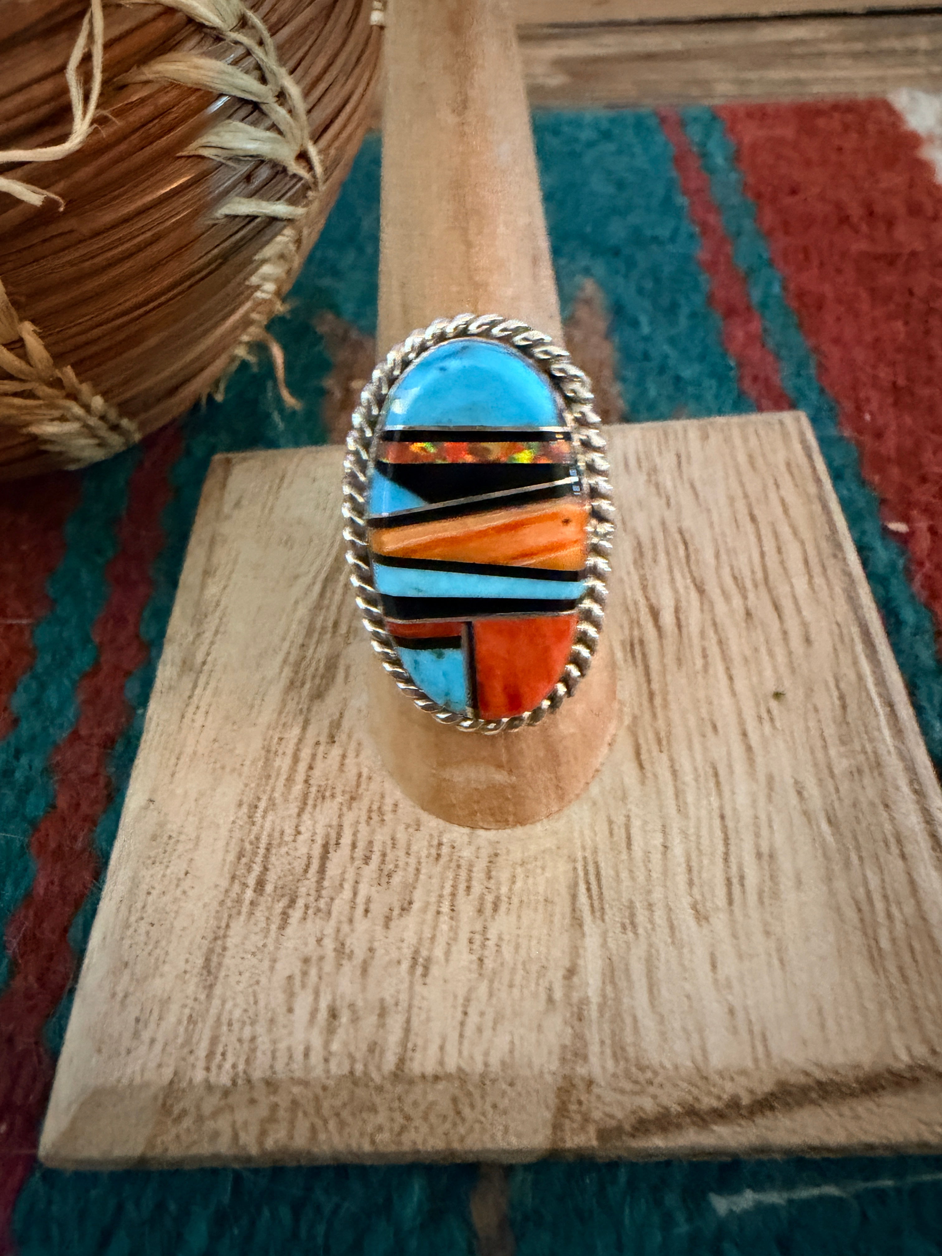Handcrafted Multi Stone & Sterling Silver Inlay Ring Size 9